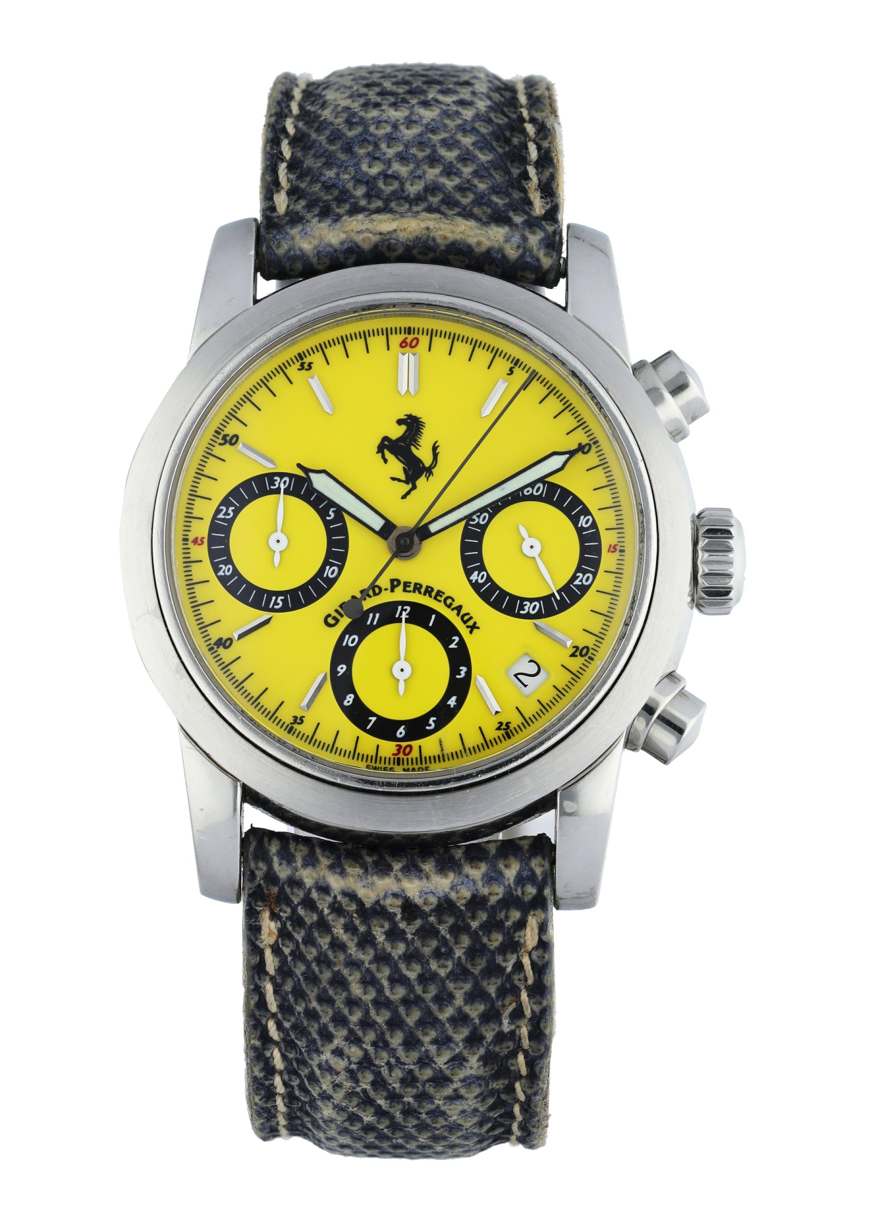 Girard Perregaux Ferrari 8020 Men's Watch.
38mm Stainless Steel case. 
Stainless Steel smooth bezel. 
Yellow dial with Steel hands and index hour markers. 
Minute markers on the outer dial. 
Date display between the 4 & 5 o'clock position. 
Leather