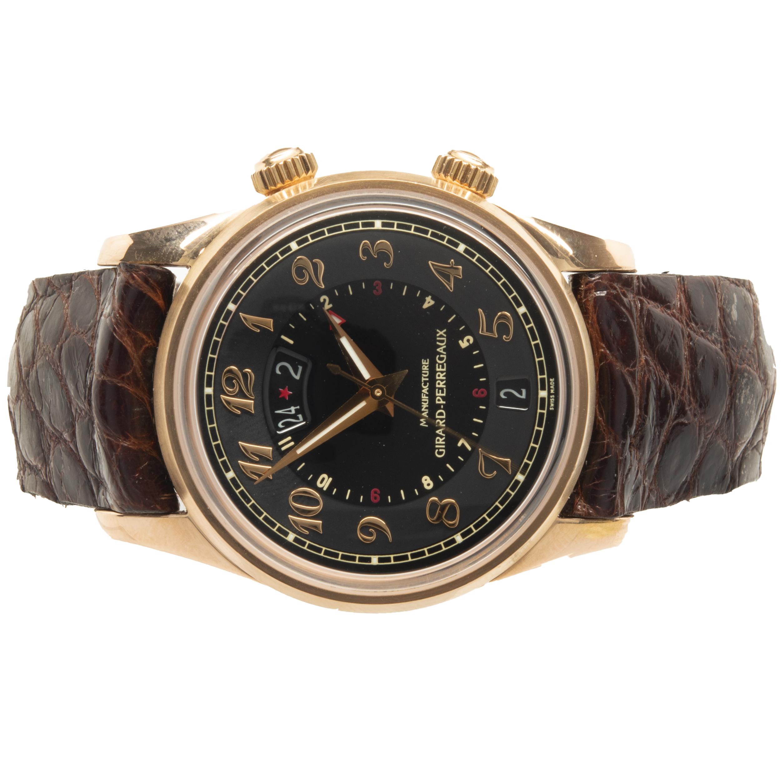 Movement: automatic
Function: hours, minutes, seconds, date, alarm, GMT
Case: round 40mm 18K rose gold case with sapphire crystal
Band: brown leather strap with buckle
Dial: black Arabic dial, with alarm
Serial #: XXX
Reference #: 4940
	
Complete
