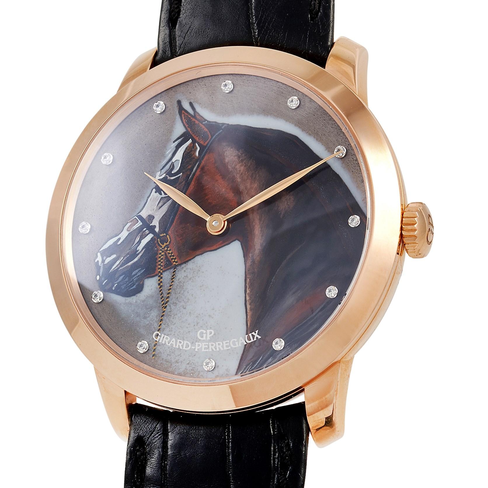This Girard Perregaux 1966 Pur Sang Limited Edition Painted Thoroughbred Diamond Set Dial Watch, reference number 49534-52-1328SBB6A, is presented in an 18K rose gold case that measures 40 mm in diameter. The case is set on a sleek black alligator