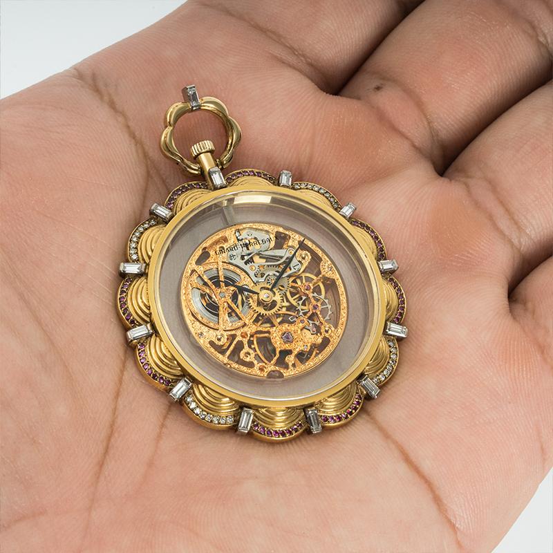 Girard Perregaux. A Rare Gold Skeleton Diamond & Ruby Set Pocket Watch C1960S 3