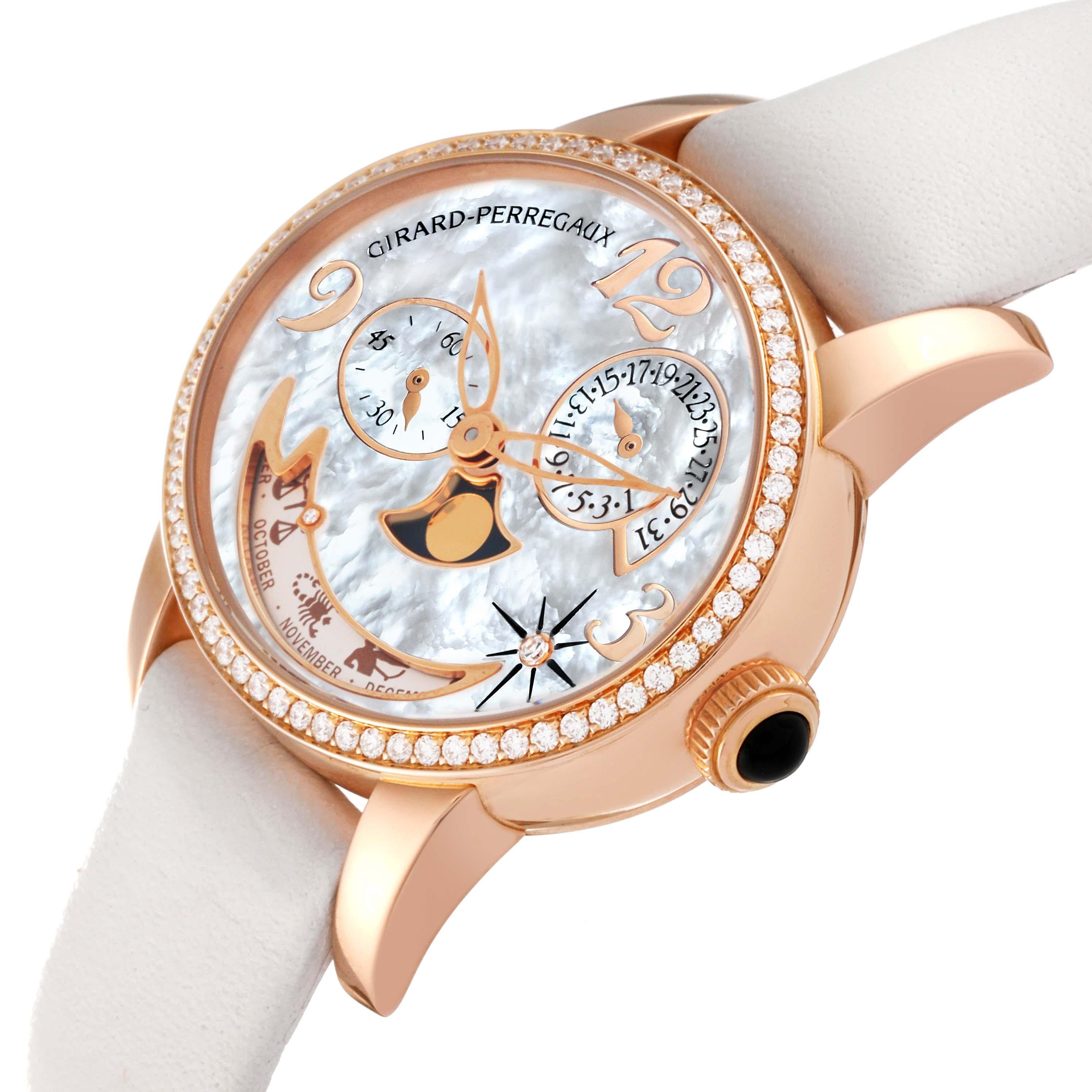 Girard Perregaux Cat's Eye Rose Gold Mother Of Pearl Diamond Ladies Watch 80483 Box Papers. Automatic self-winding movement. Oval shaped 18K rose gold case 35.40 x 30.40 mm. Exhibition transparent sapphire crystal caseback. 18K rose gold orginal