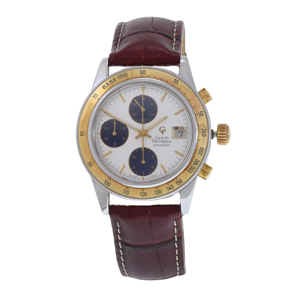 Introducing the Girard Perregaux 1990s Two-Tone Chronograph Watch, a harmonious blend of luxury and precision in a substantial 38mm size. Crafted with a combination of 18kt gold and stainless steel, this timepiece exudes durability and refinement.