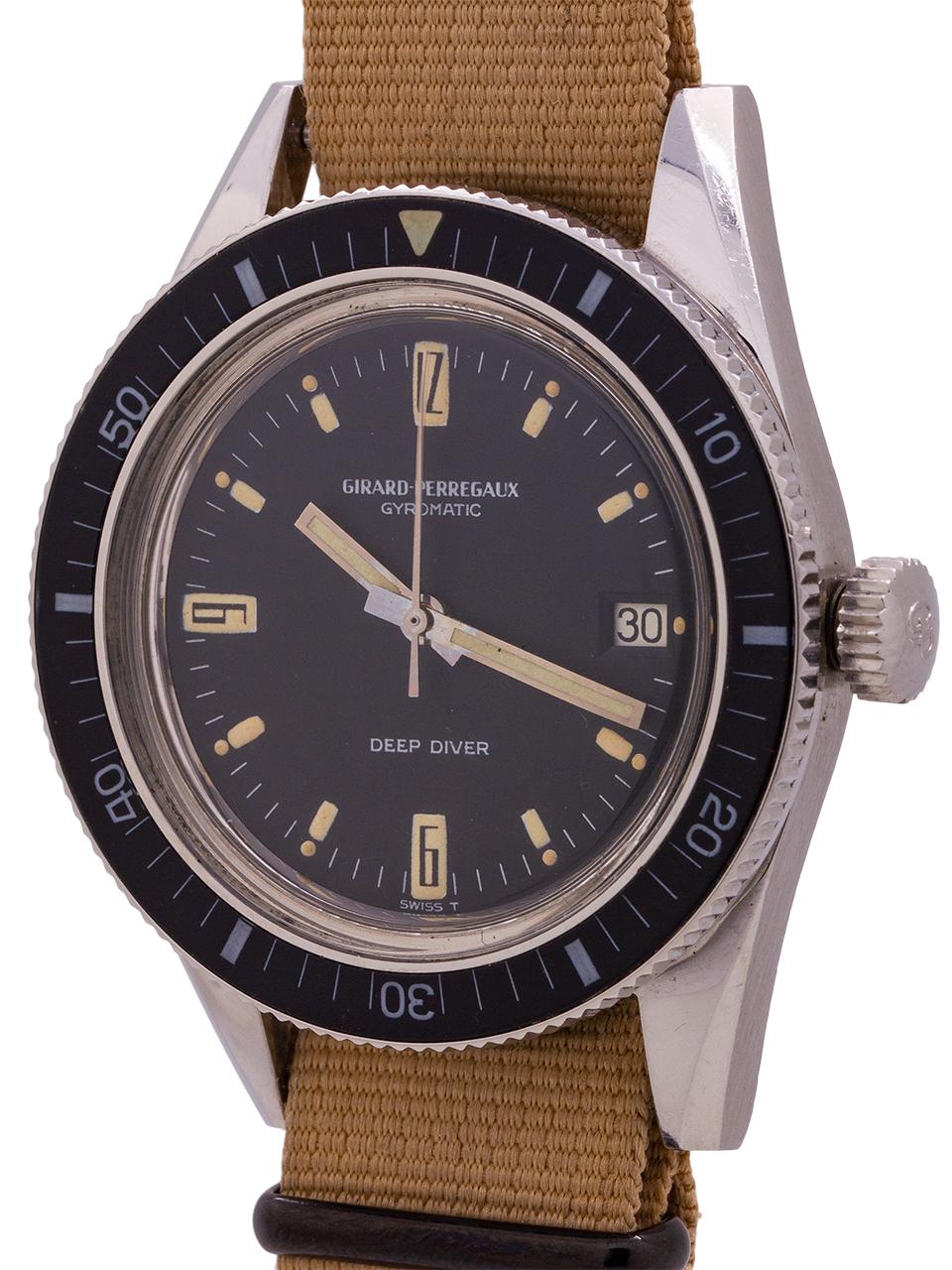 
An extremely rare Girard Perregaux Deep Diver Gyromatic ref 8867V circa 1960’s. Only roughly 400 of these gorgeous divers were made, making it quite a rare find, particularly in this pristine condition. Featuring a stainless steel 38.5mm case with