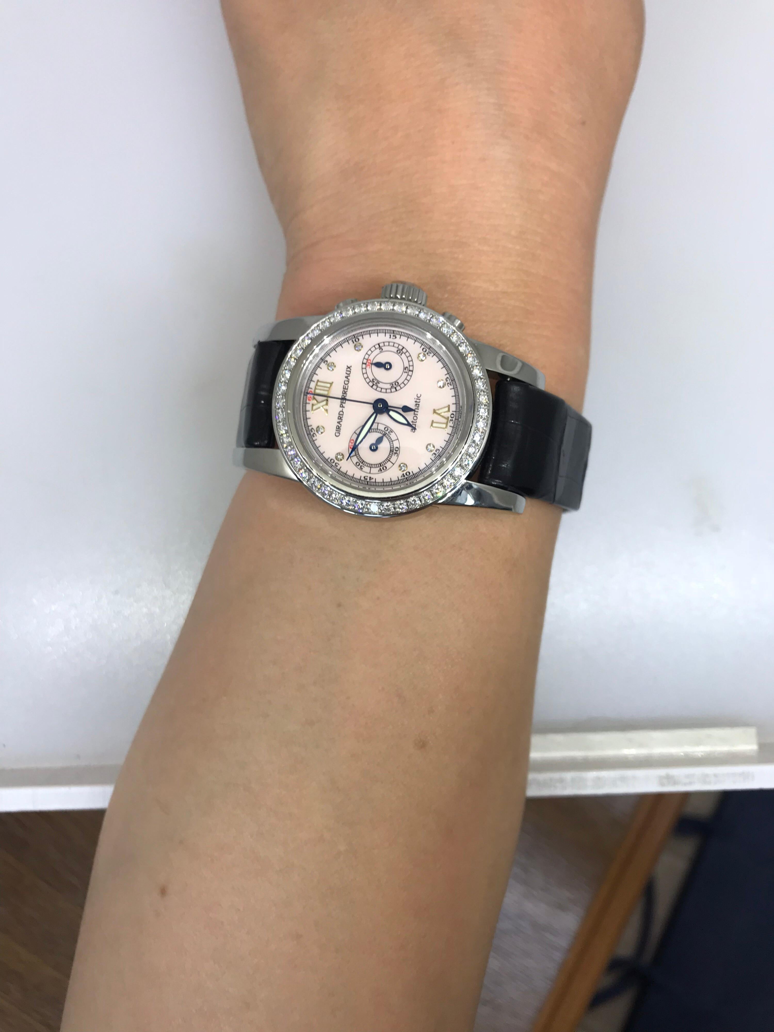 Girard Perregaux Diamond Bezel Chronograph Leather Band Ladies Watch 8046 New For Sale 4