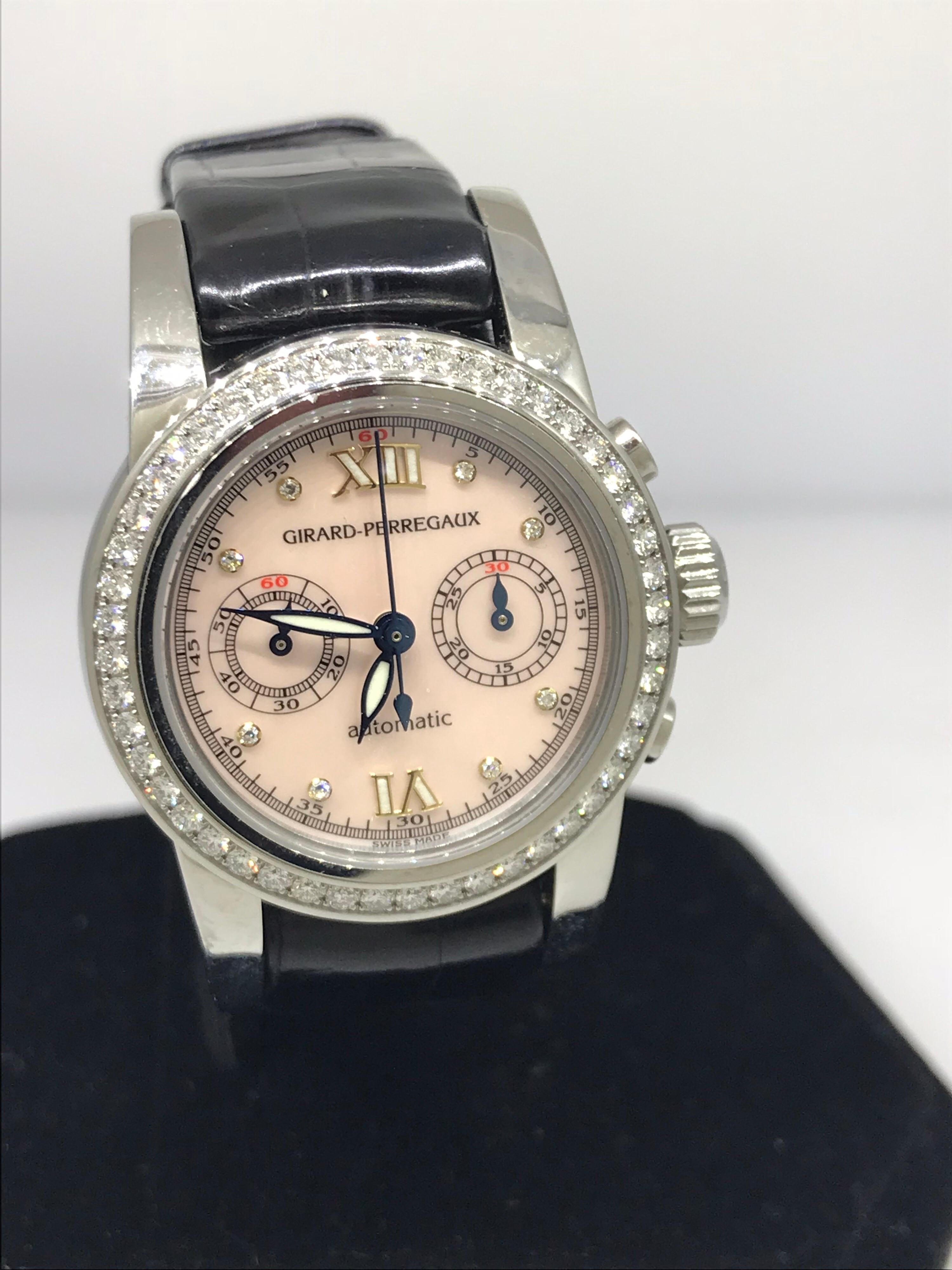 Girard Perregaux Ladies Watch

Model Number: 8046

100% Authentic

New / Old Stock

Comes with original Girard Perregaux Box and Papers

Stainless Steel Case

Diamond Bezel

Mother of Pearl Dial

Case Diameter: 32mm

Black Leather Band

Tang