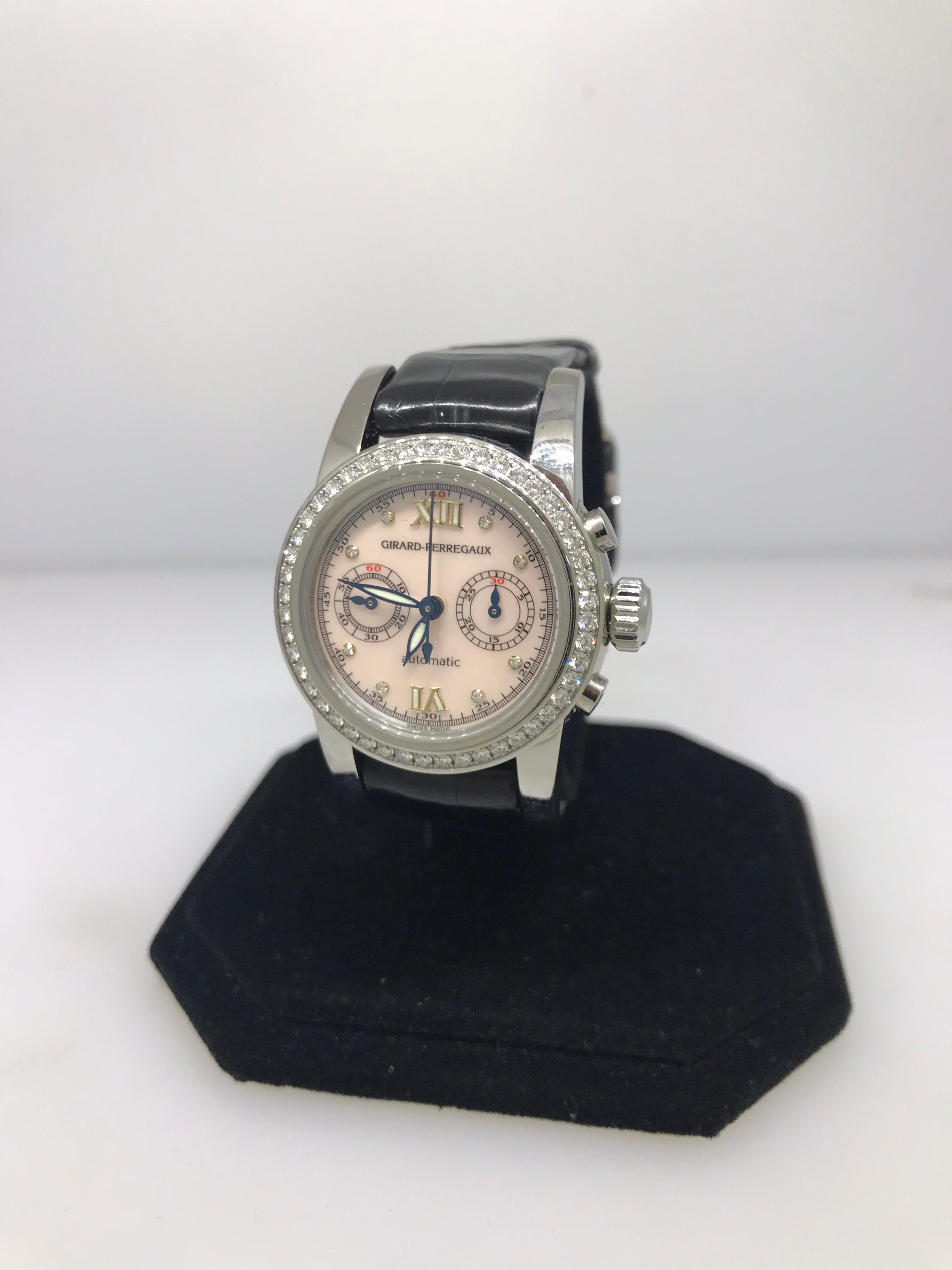 Girard Perregaux Diamond Bezel Chronograph Leather Band Ladies Watch 8046 New In Excellent Condition For Sale In New York, NY