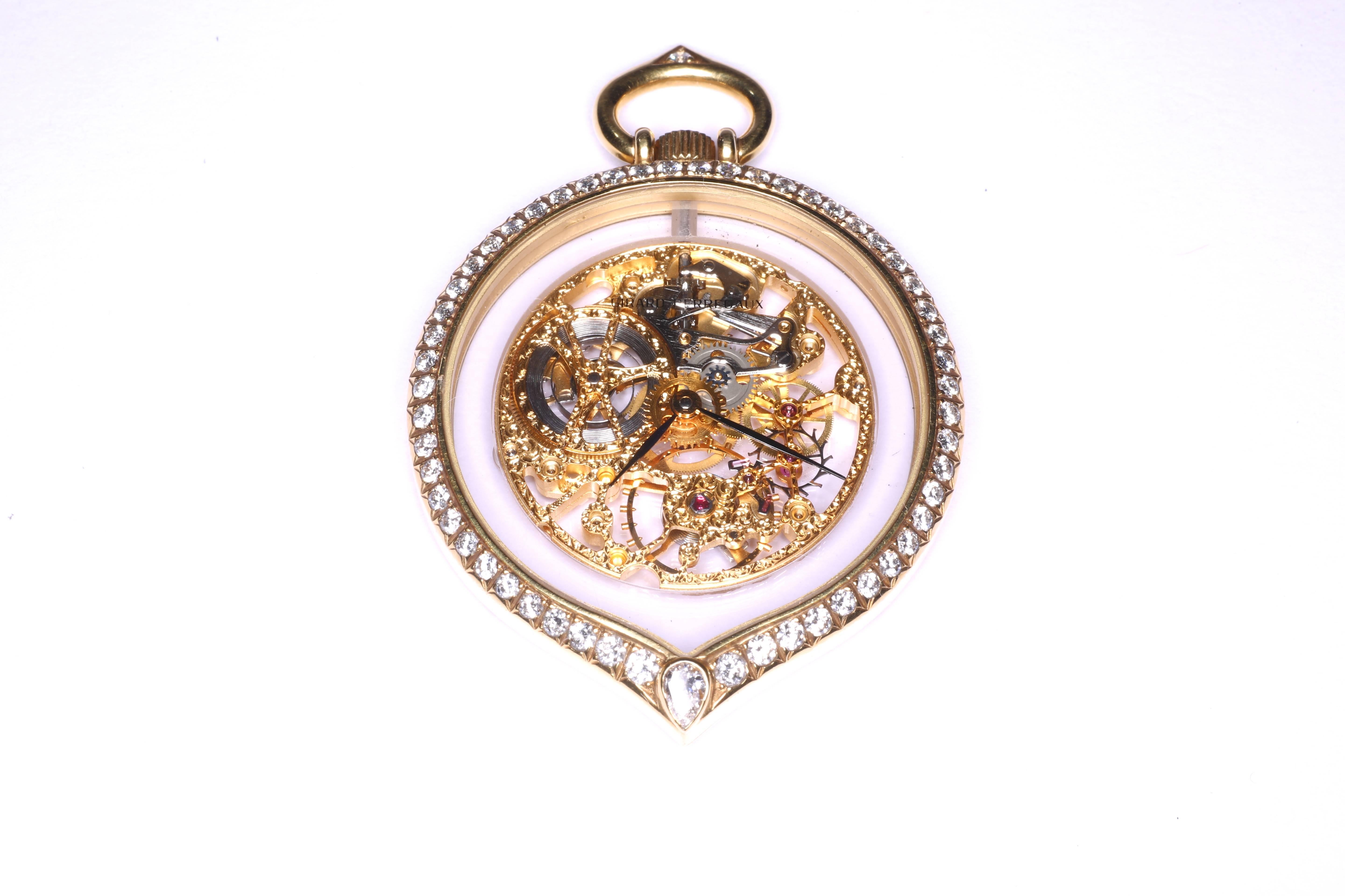 This beautiful jewel can be wore as a pendant and as a pocket watch. It's spectacular tear-drop case is transparent and allows the mechanism to be fully visible on both sides of the watch. Thus because - thanks to the beautifully crafted  gold