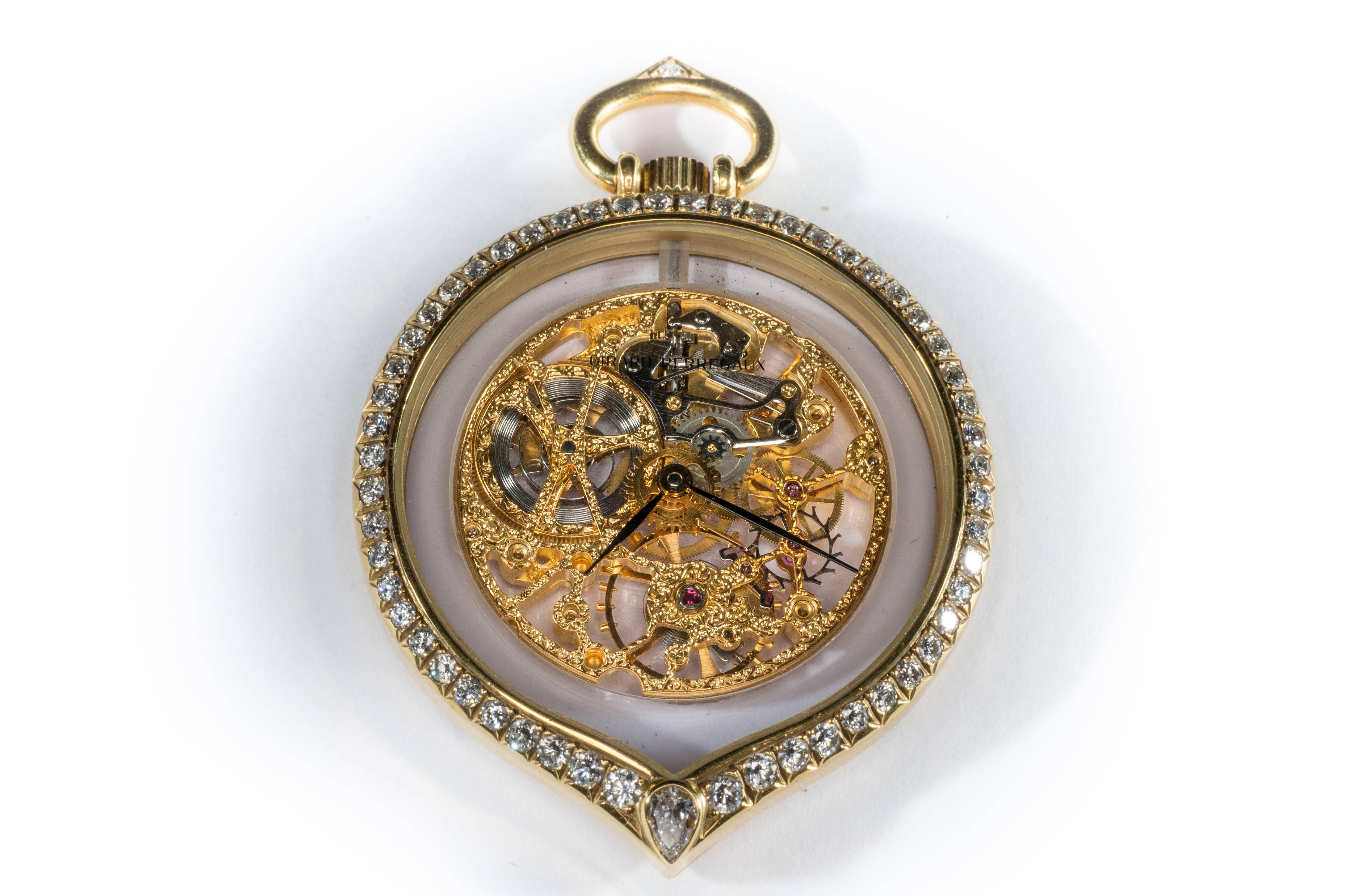 Girard Perregaux Diamond Gold Tear Drop Shape See through Pocket Watch Pendant In Good Condition For Sale In Roma, IT