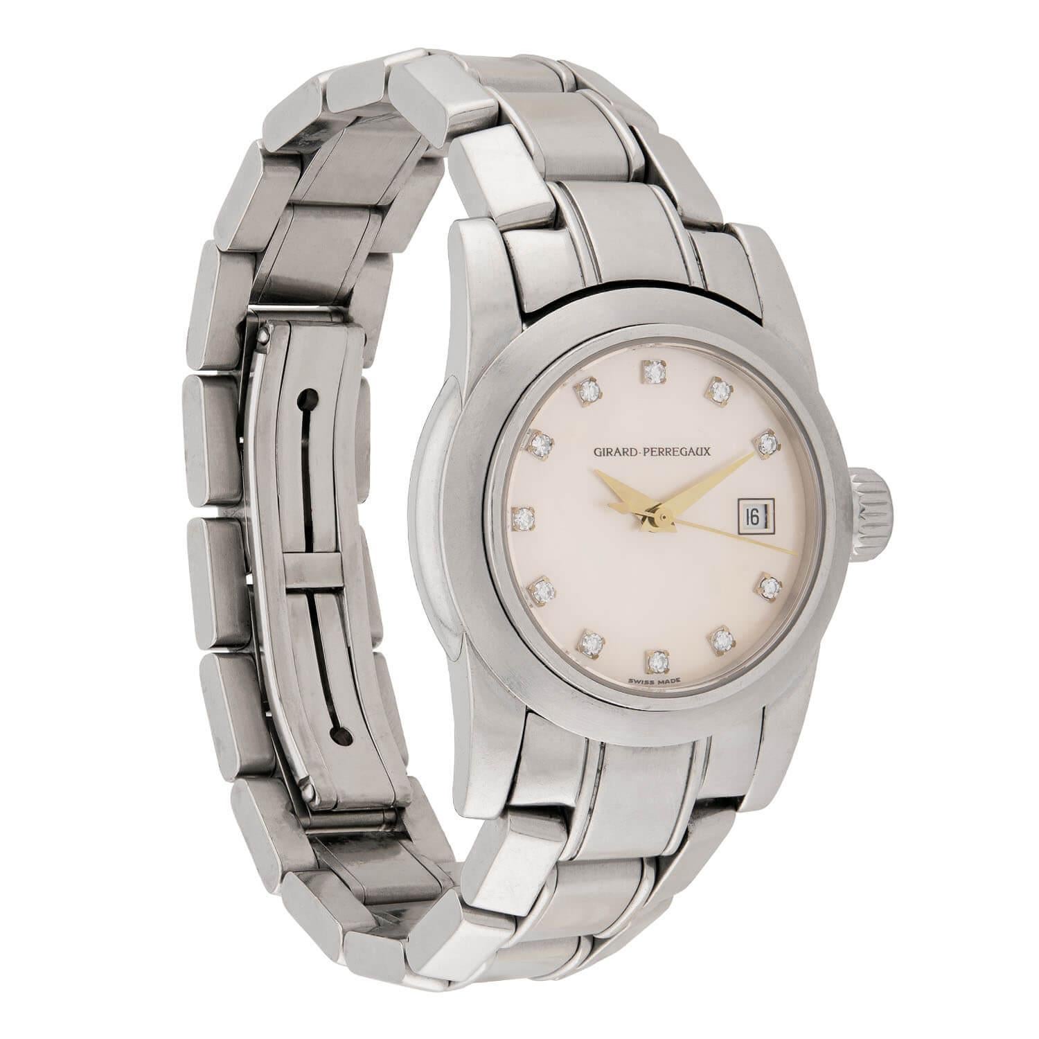 A gorgeous Girard-Perregaux women's wristwatch! Crafted in stainless steel, this watch faces a circular mother of pearl face, which is decorated with 11 bead-set diamonds, which represent the hours. The face of the watch also features 3 stainless