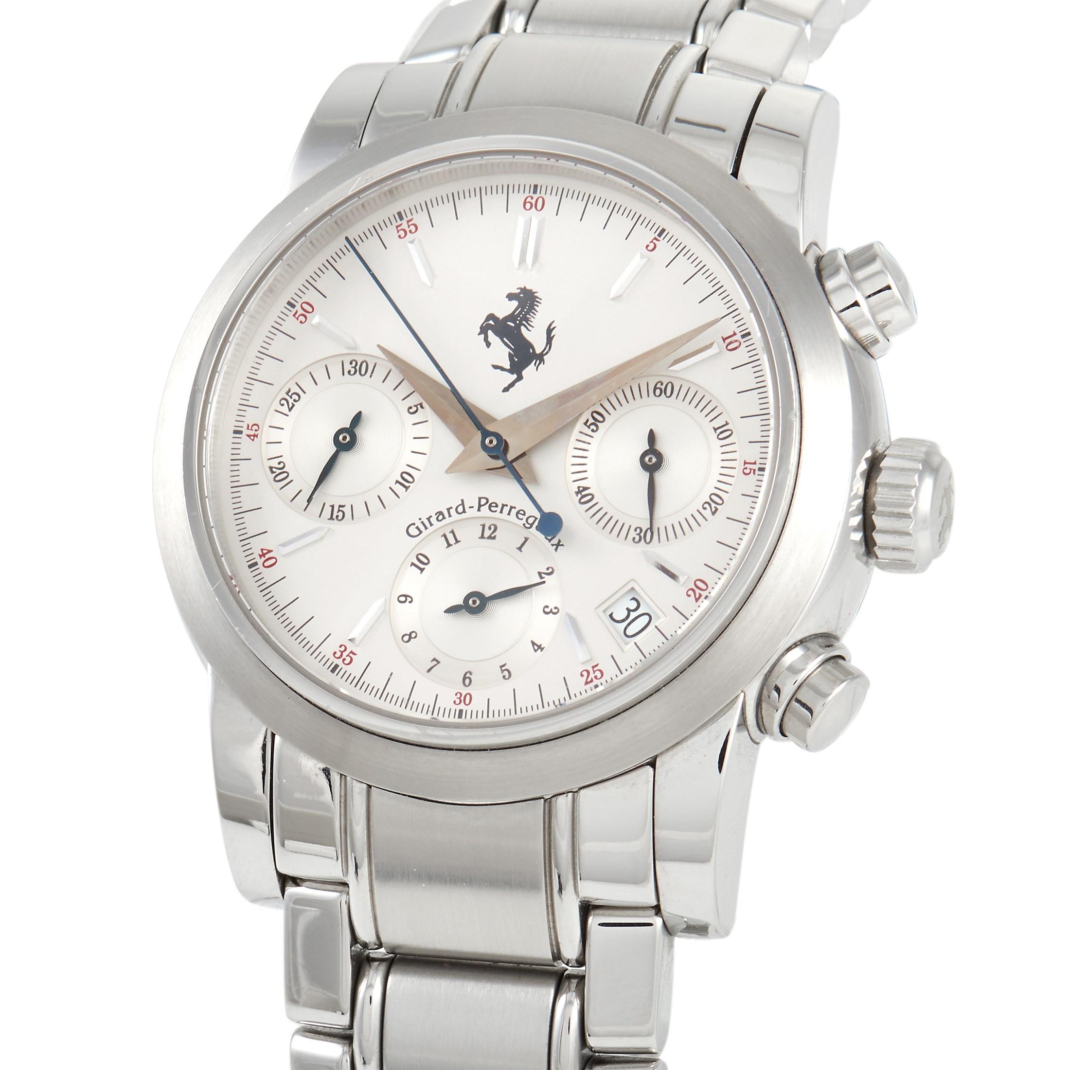 The Girard Perregaux Ferrari Chronograph Men's Watch 8020 is designed with a 38mm stainless steel case that is about 13mm thick. It has a complementing silver-tone stainless steel bracelet with hidden clasp. The watch has a silvery-white dial with