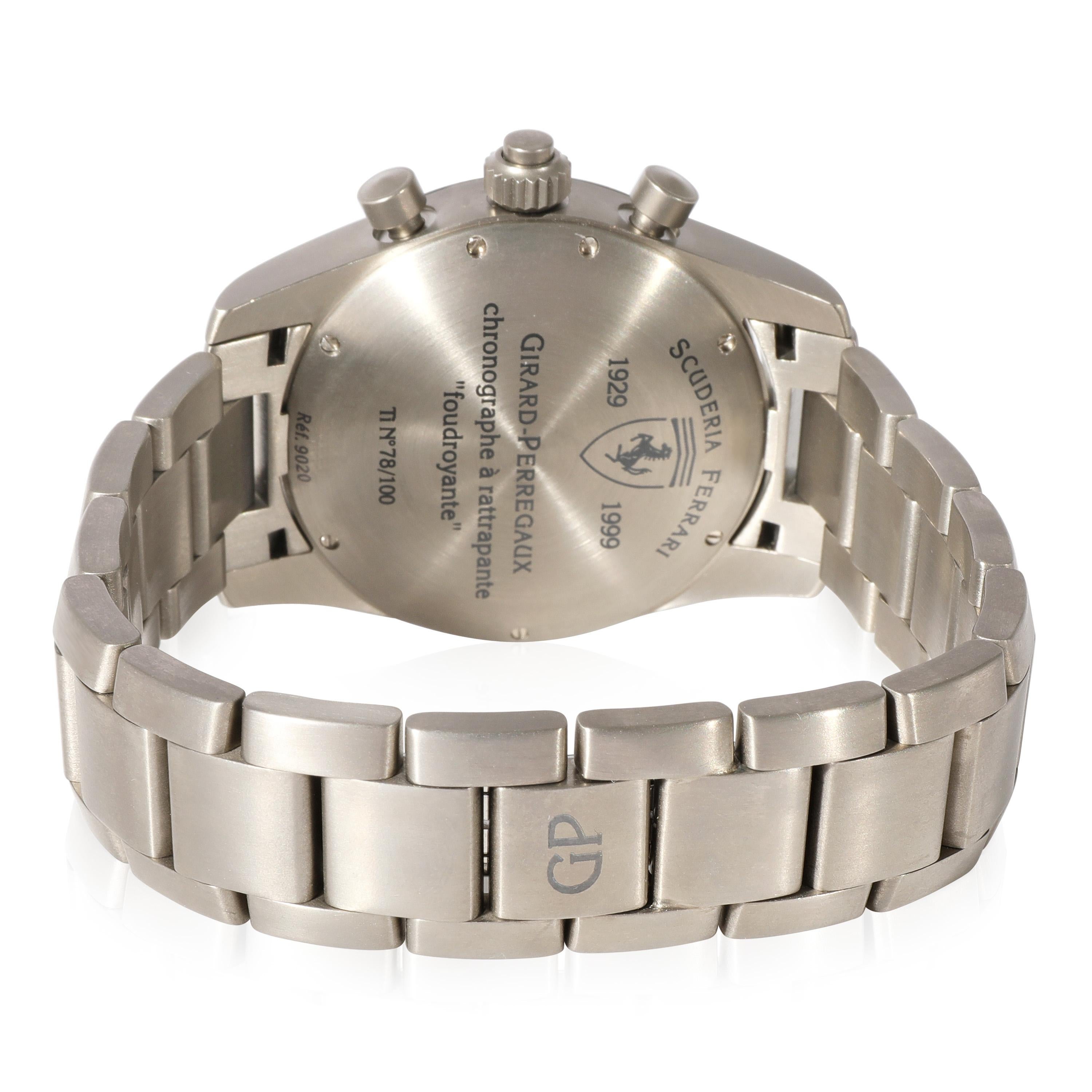 Girard Perregaux Ferrari Foudroyante 9020 Unisex Watch in  Titanium

SKU: 124289

PRIMARY DETAILS
Brand: Girard Perregaux
Model: Ferrari Foudroyante
Country of Origin: Switzerland
Movement Type: Mechanical: Hand-winding
Year Manufactured: 2002
Year