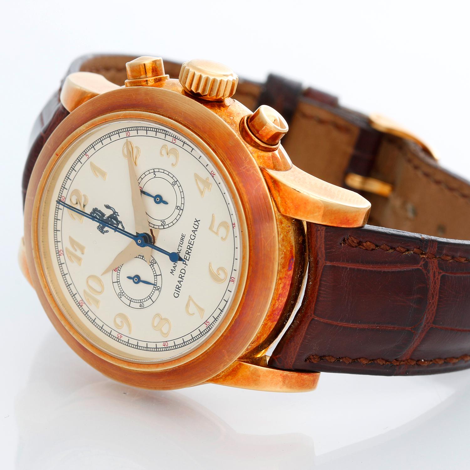 Girard Perregaux Ferrari Minute Repeater Split Second Chronograph Tourbillon - Automatic winding. 18K Yellow gold ( 40 mm ). Cream dial with raised gold Arabic numerals; sub dials at 3 & 6 o'clock. Brown Girard Perregaux leather strap with Girard
