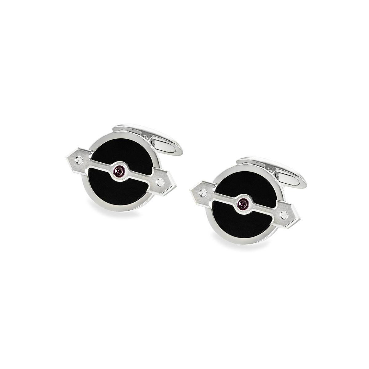 Round Cut Girard Perregaux Golden Bridge Cufflinks White Gold Onyx & Ruby Set For Sale