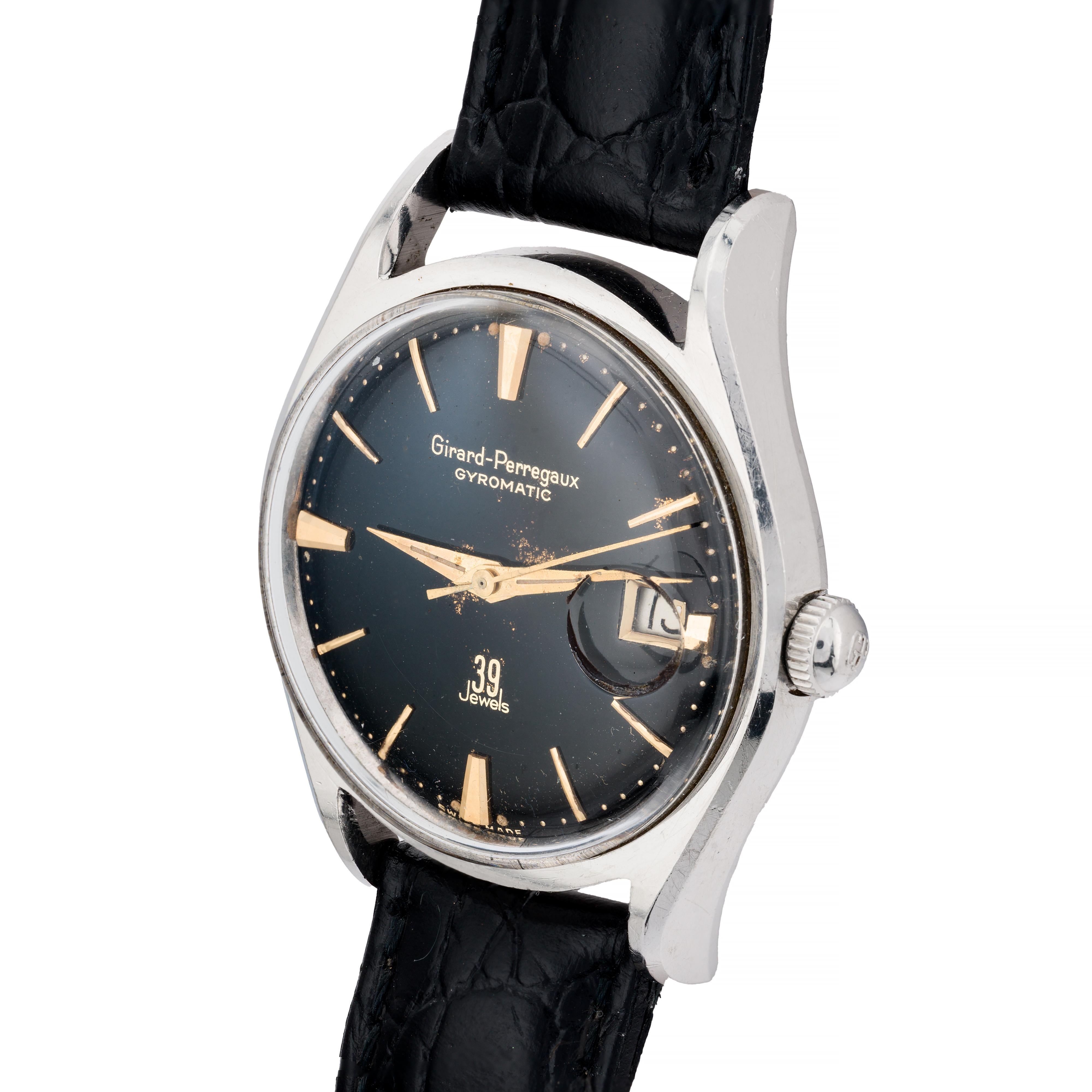 Girard Perregaux Gyromatic Vintage Schwarzes vergoldetes Zifferblatt Bombe Gepäck 1960er Herrenuhr (Retro)