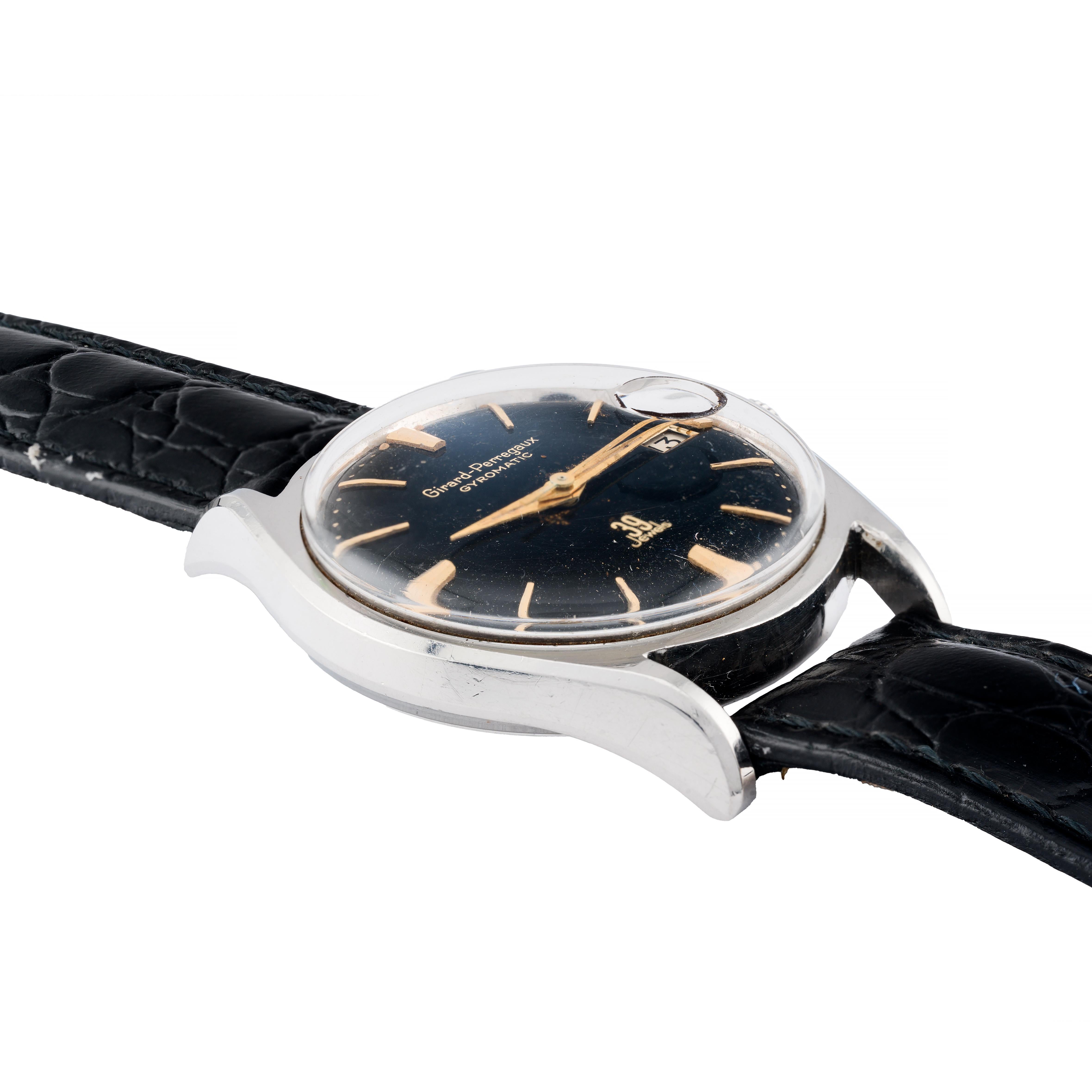 Girard Perregaux Gyromatic Vintage Schwarzes vergoldetes Zifferblatt Bombe Gepäck 1960er Herrenuhr im Zustand „Hervorragend“ in Boston, MA