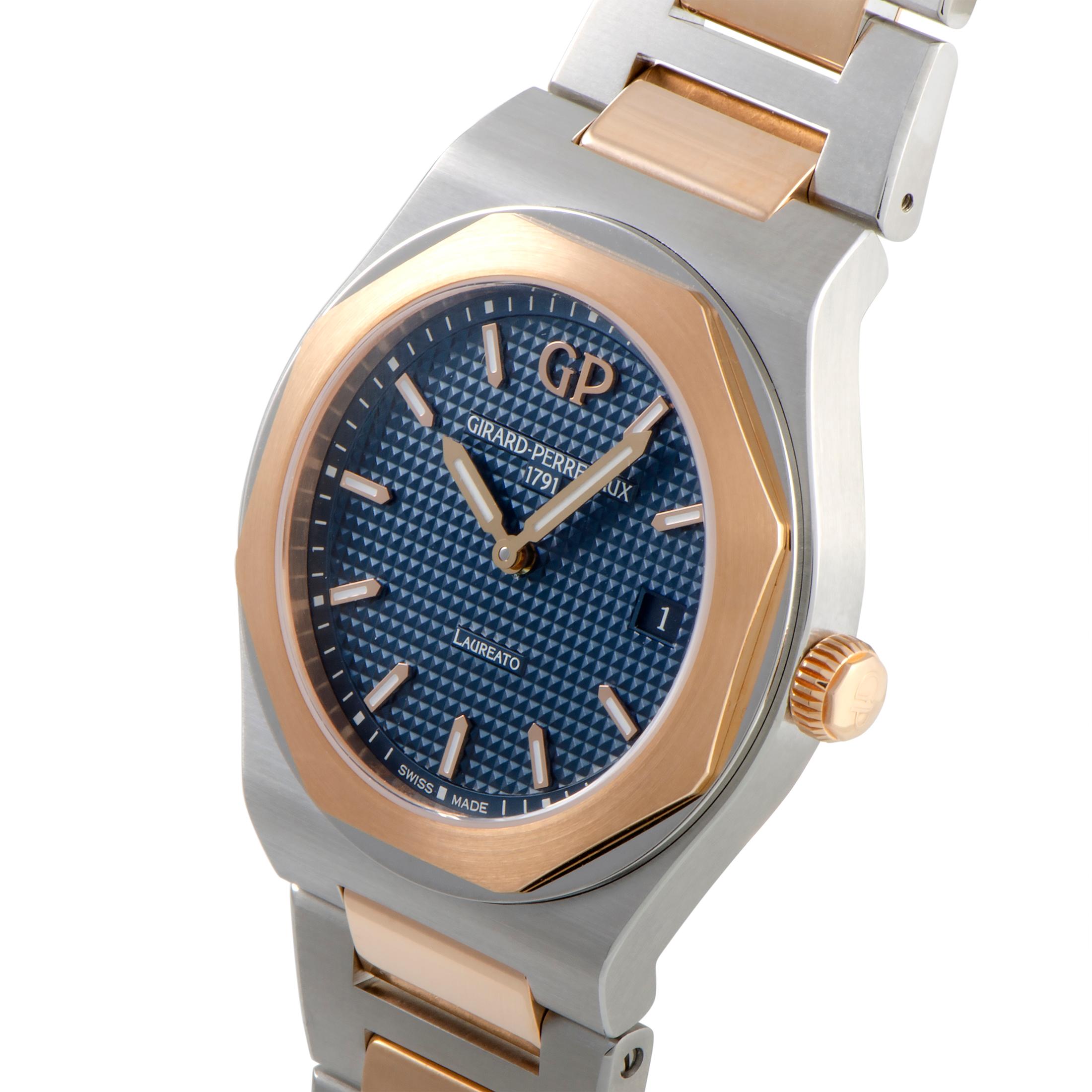 The Girard-Perregaux Laureato 34 mm, reference number 80189-56-432-56A, is presented within the iconic “Laureato” collection.

The watch boasts a 34 mm case made of stainless steel and 18K rose gold. This model is equipped with the GP013100-0002