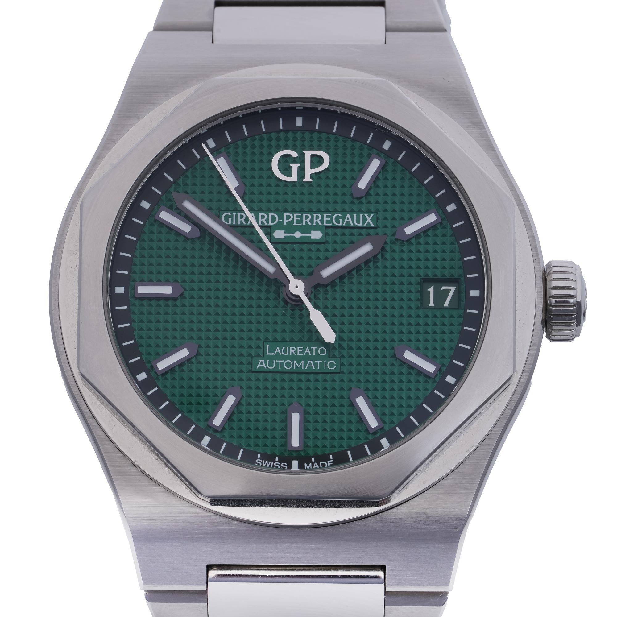 This Girard-Perregaux Laureato 42mm Automatic watch, reference 81010, is a modern interpretation of the iconic Laureato collection, renowned for its refined sports-luxury aesthetic. The watch features a striking green 