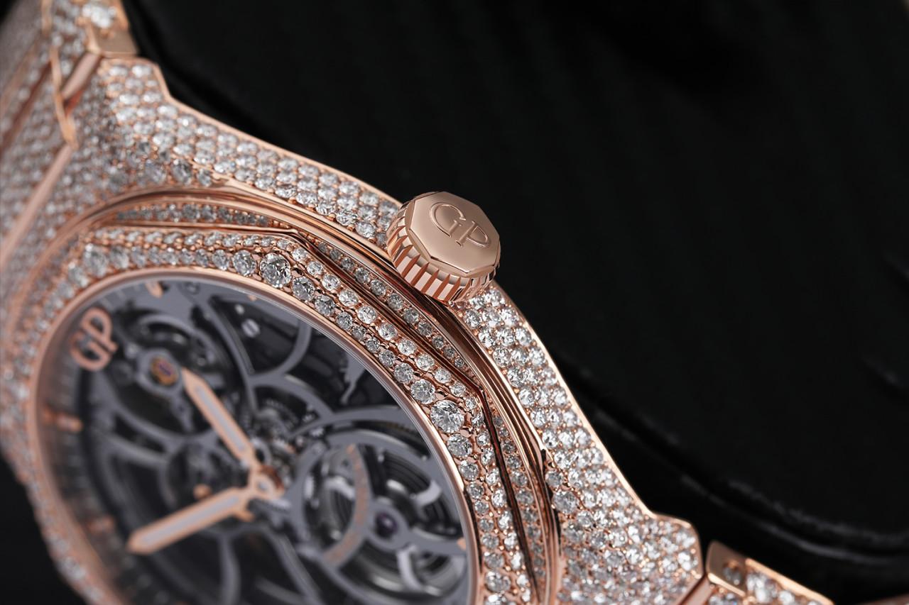Girard-Perregaux Laureato Custom Full Diamond Rose Gold Skeleton Watch No: 81015-52-002-52a

This watch comes with a LIFETIME diamond replacement warranty. We are so confident in our diamonds setters that if any of the individual diamonds are ever