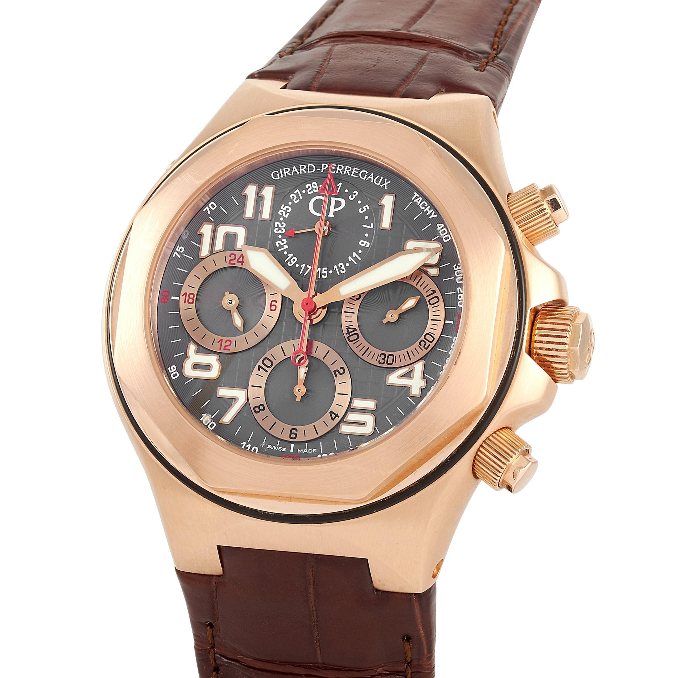 Displaying neat casework, this timepiece stands out with its non-flat look. The three-dimensional dial is deeply textured and features applied Arabic numeral hour markers and three applied rings for three sub-dials. The 44m wide 18K rose gold case