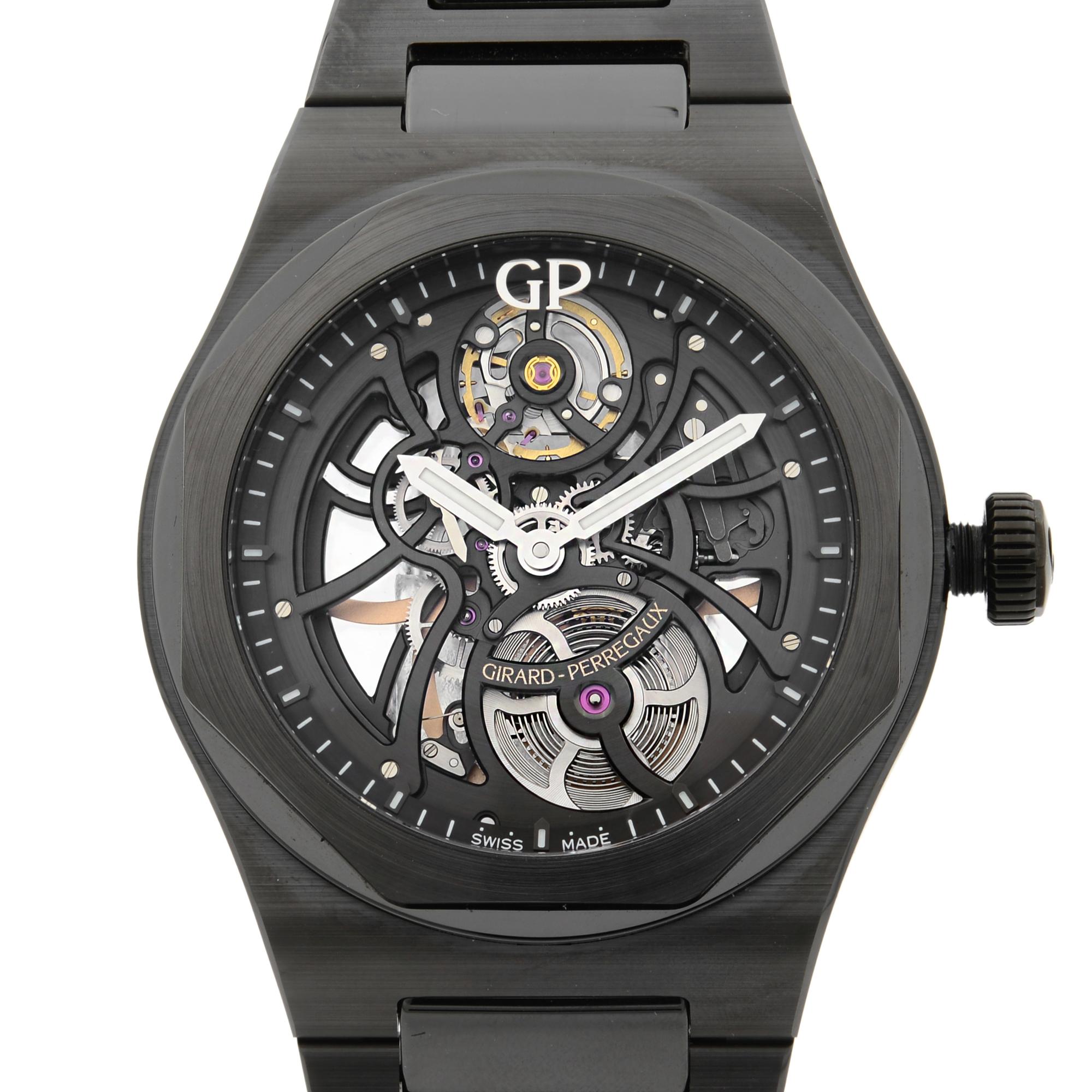 This brand new Girard-Perregaux Laureato  81015-32-001-32A is a beautiful men's timepiece that is powered by mechanical (automatic) movement which is cased in a ceramic case. It has a round shape face, no features dial and has hand sticks style