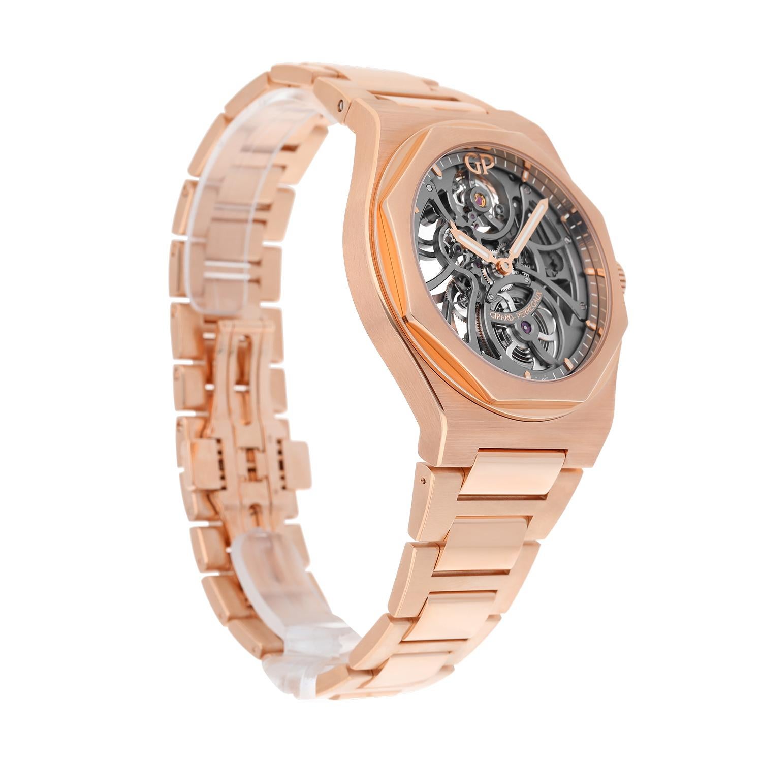 Modern Girard Perregaux Laureato Skeleton Openworked Rose Gold Bracelet 81015 Watch B/P For Sale