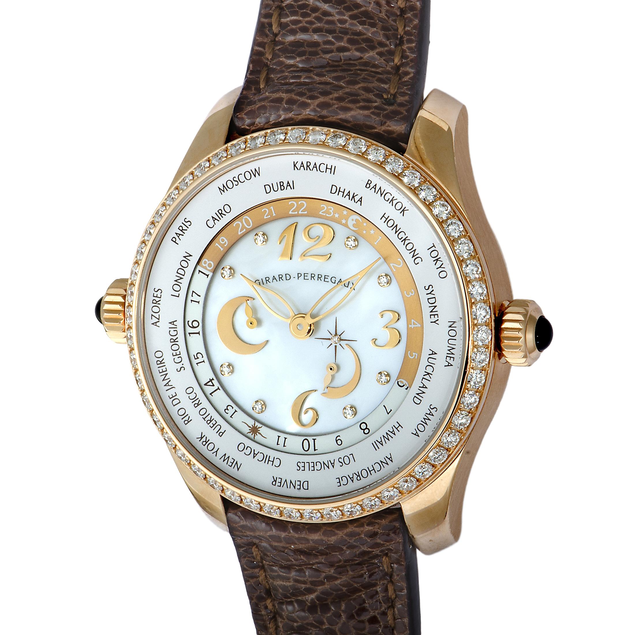 The eternally stylish and luxuriously radiant combination of gold and diamonds is coupled with intriguing décor upon the dial to produce a truly magnificent allure in this gorgeous timepiece from Girard-Perregaux that also offers the ever-useful