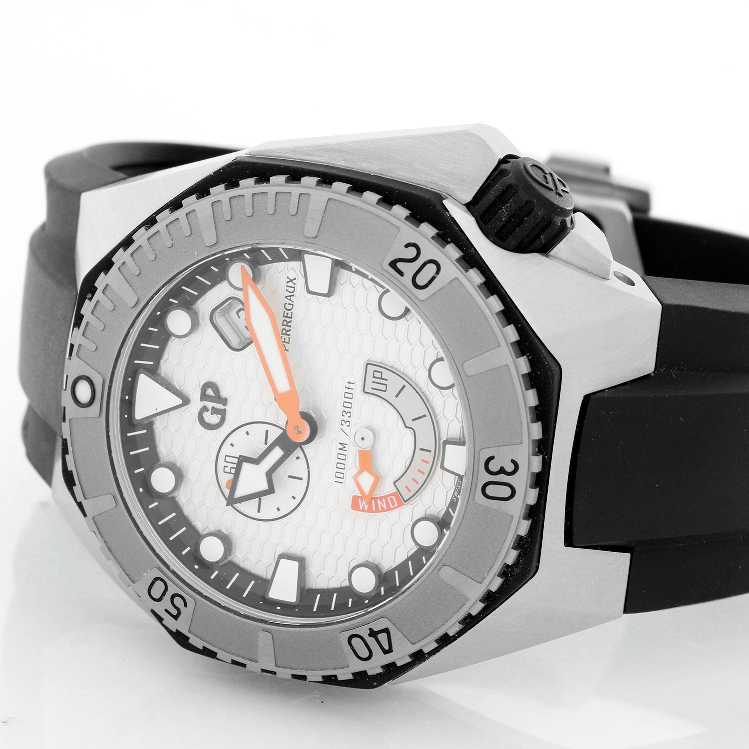 Girard-Perregaux Sea Hawk Men's Stainless Steel Automatic Watch 49960 - Automatic winding. Stainless steel case with rotating bezel (44mm diameter). Silver dial with luminous hour markers.  Orange minute and seconds hand, date between 1 & 2 o'clock;
