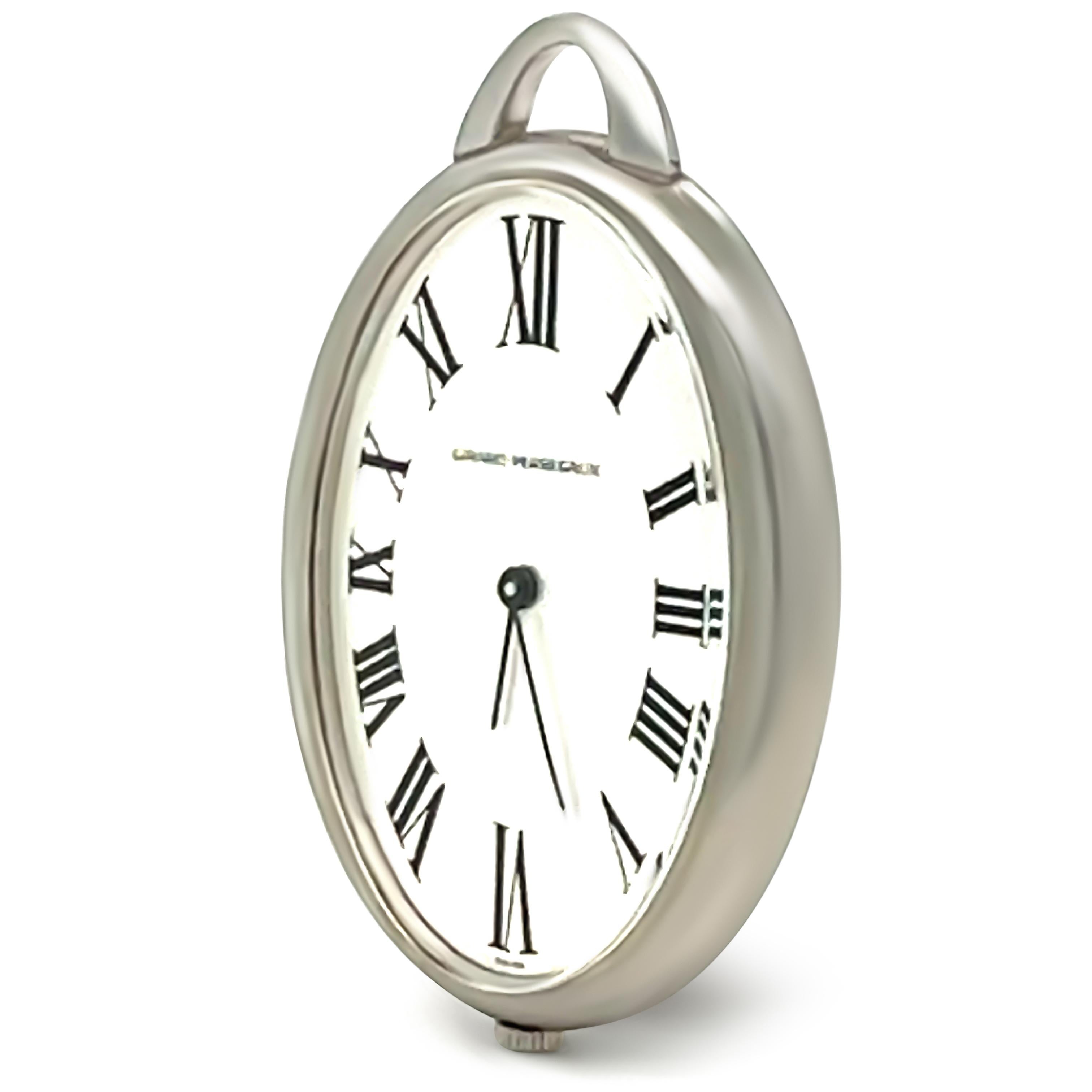 A Girard Perregaux Rare 1970s Oval Pocket Watch, made of Stainless Steel. A limited edition of 550, Calibre GP09, Silver dial with black Roman numerals, black hands, manual wound movement. Case 35 mm x 45 mm.

Metal: Stainless Steel
Carat: