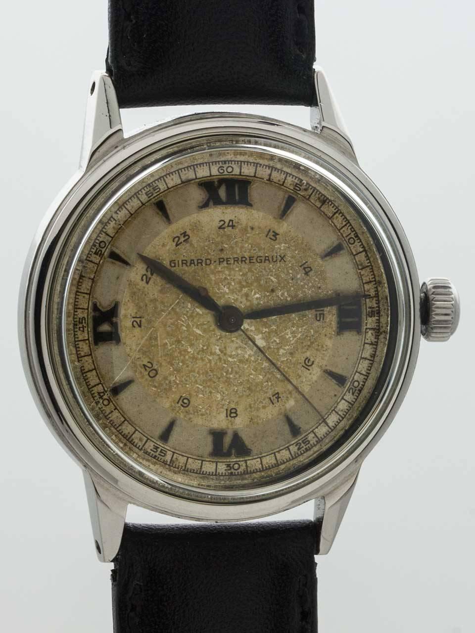 
Vintage Girard Perregaux dress model circa 1950’s. Medium size 31.5 x 38mm snap back case with acrylic crystal and interesting distressed original dial with rich character. Dial features luminous large Roman figures at quarters, and luminous bars