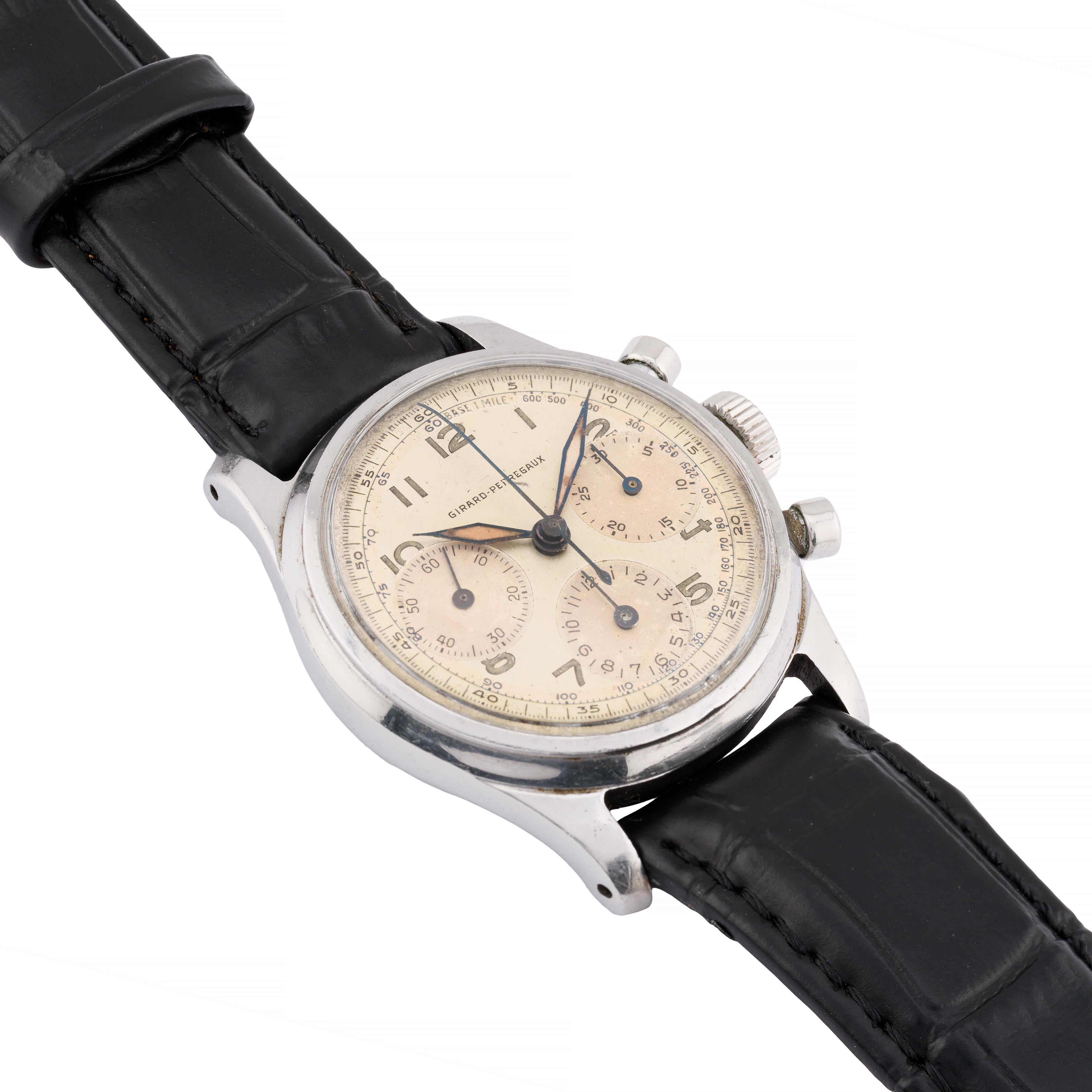 Aston Estate Jewelry Presents:

A circa 1942 Girard-Perregaux reference 22209 chronograph watch in steel. Powered by a Universal Geneve caliber 281 triple register chronogrpah movement made for Girard perregaux.  

The round case measures 34mm in