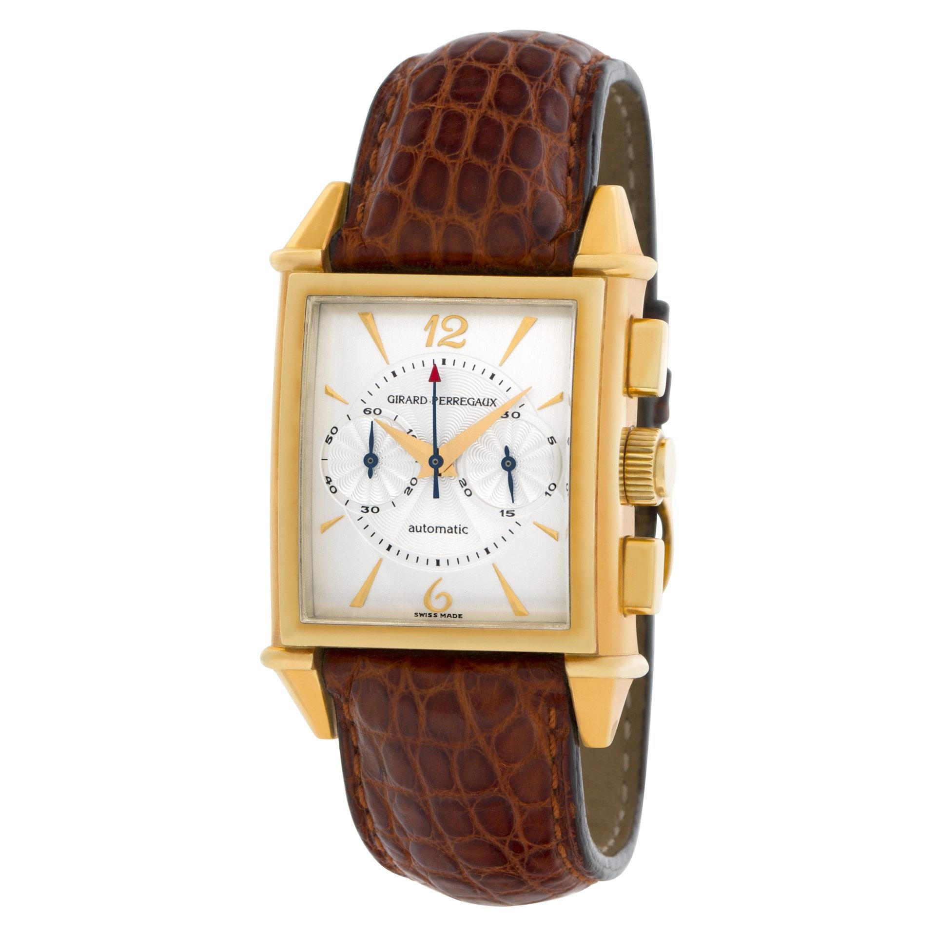 Girard Perregaux Vintage 1945 Chronograph watch in 18k on brown crocodile strap with 18k tang buckle. Auto w/ sweep seconds and chronograph. 30 mm case size. Ref 25990.0.51.1161. Circa 2000s. Fine Pre-owned Girard Perregaux Watch.  Certified