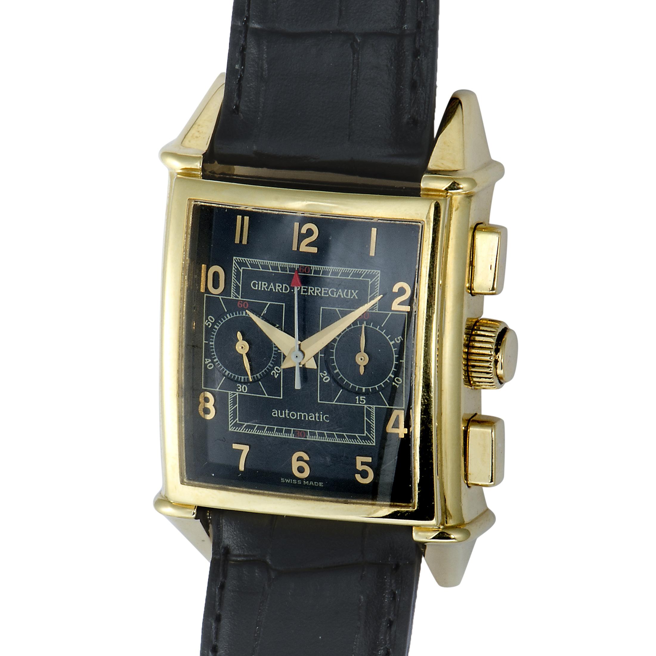 Focusing on neat rectangular shapes and sharp lines to create a strong Art Deco feel, Girard-Perregaux produced an intriguing and highly attractive appearance in this sublime timepiece that also offers an elaborate and superbly accurate chronograph