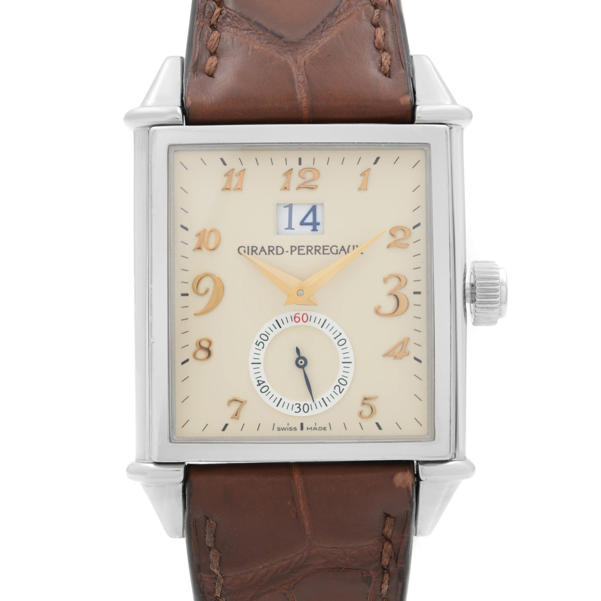 Pre Owned Girard Perregaux Vintage 1945 Steel Automatic Men's Watch 25805-11-822-BAEA. Case Shows Dents & Micro Scratches. Leather Band Shows Little Wear on the inside of the Band. This Beautiful Timepiece Features: Stainless Steel Case with a Brown