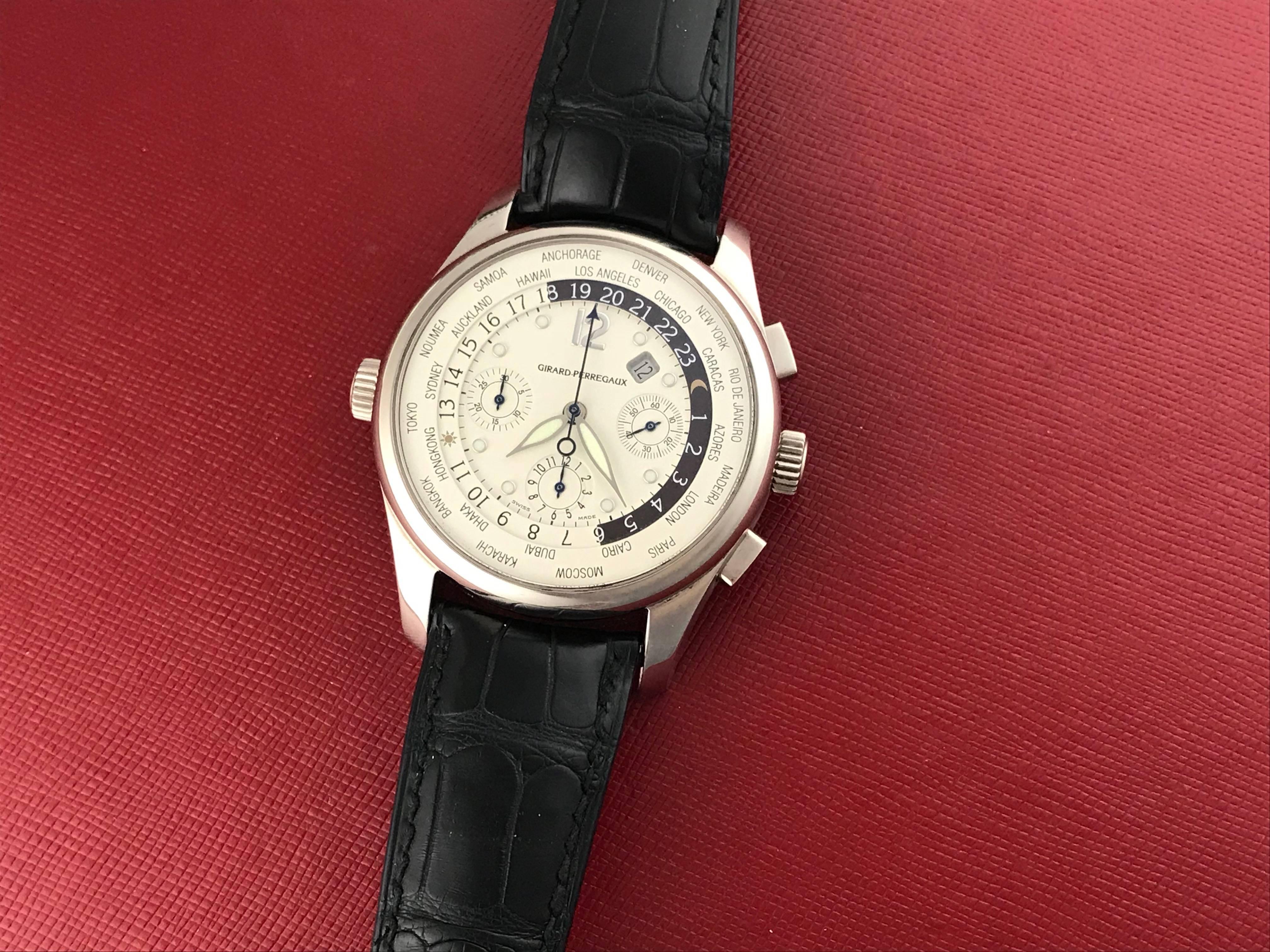 Contemporary Girard Perregaux White Gold World Time Chronograph GMT Automatic Wristwatch For Sale