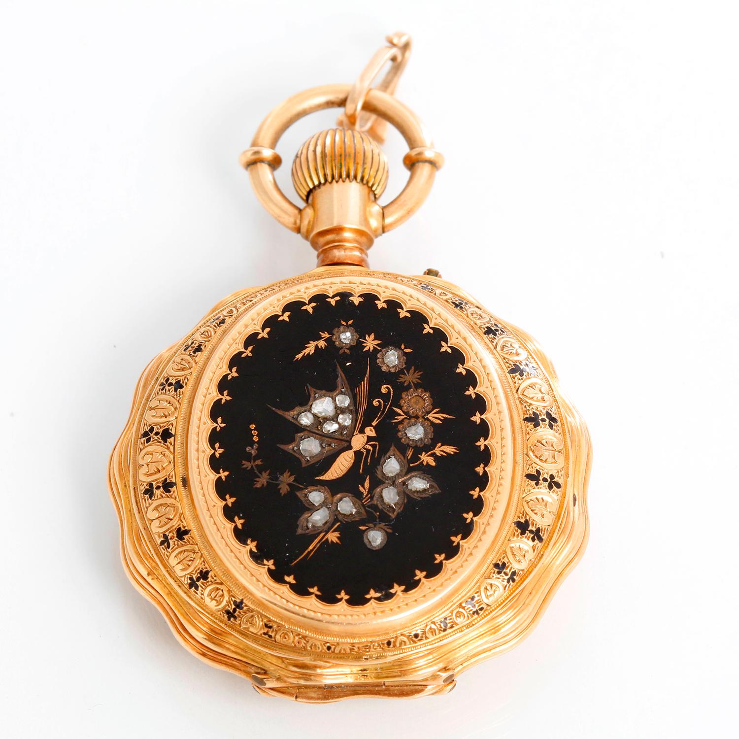 Girard- Perreguax 18K Gold & Enamel Ladies Pendant Pocket Watch - Manual winding. 18K Yellow gold with ornate case; black enamel on case back (36 mm ) . Elegantly decorated white dial with Roman numerals. Pre-owned with custom box.
Will be serviced