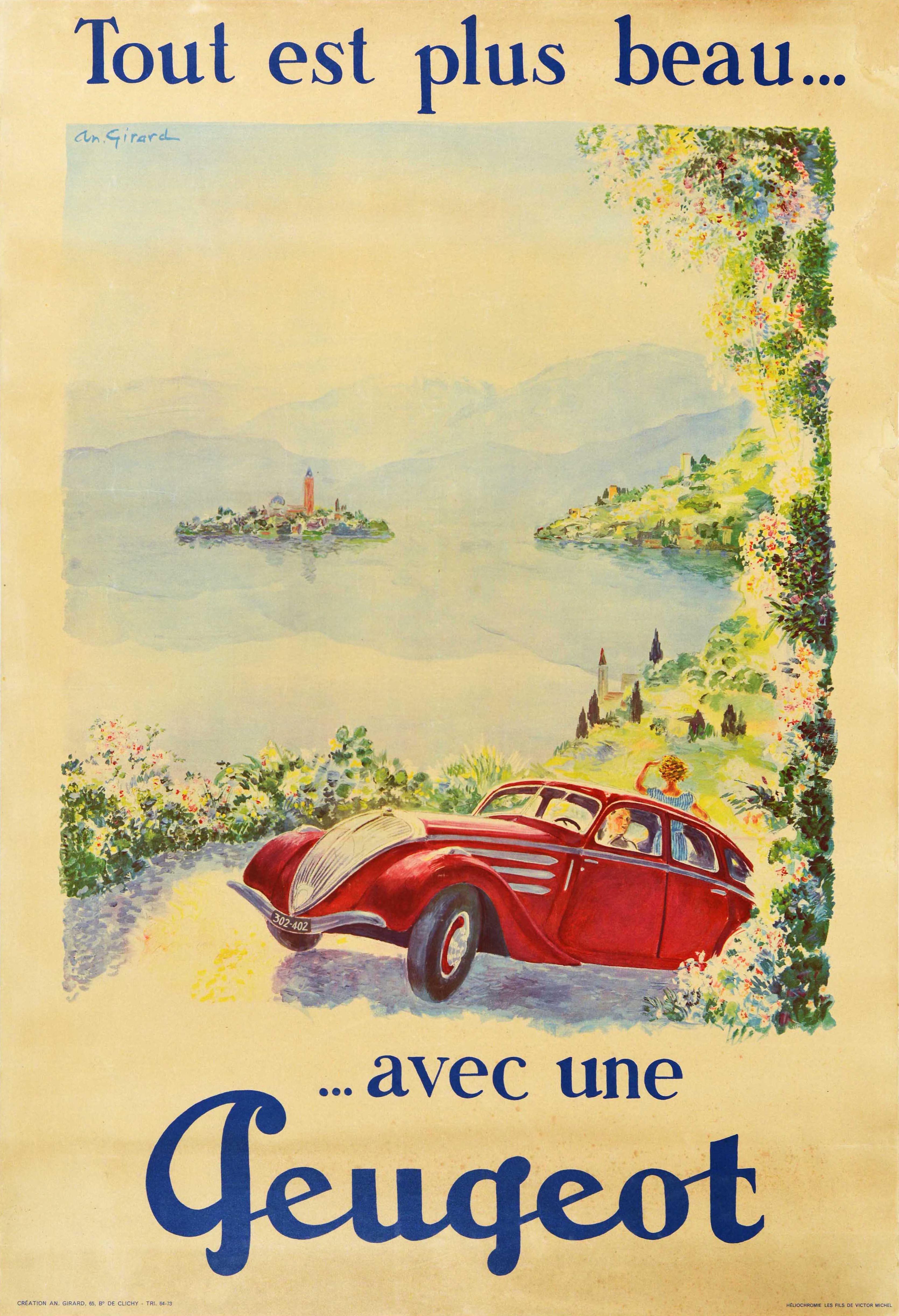 Original Vintage Poster Everything Is More Beautiful With A Peugeot 402 Car Art