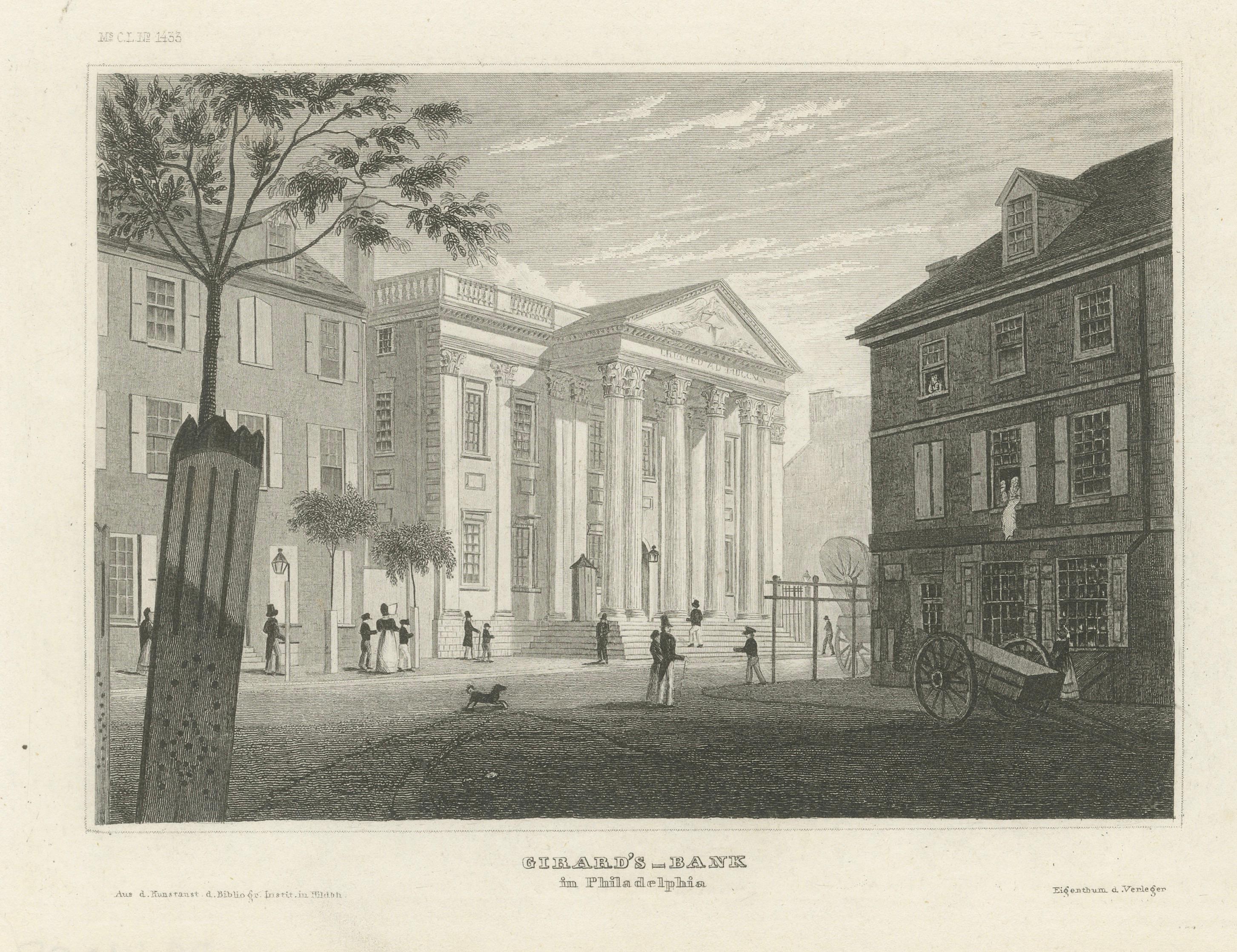 Girard's Bank Philadelphia, Antique American City View Engraving, c.1850
