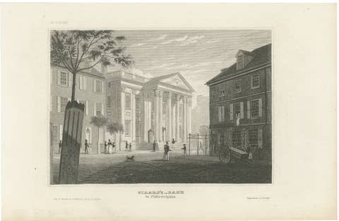Girard's Bank Philadelphia, Antique American City View Engraving, c.1850