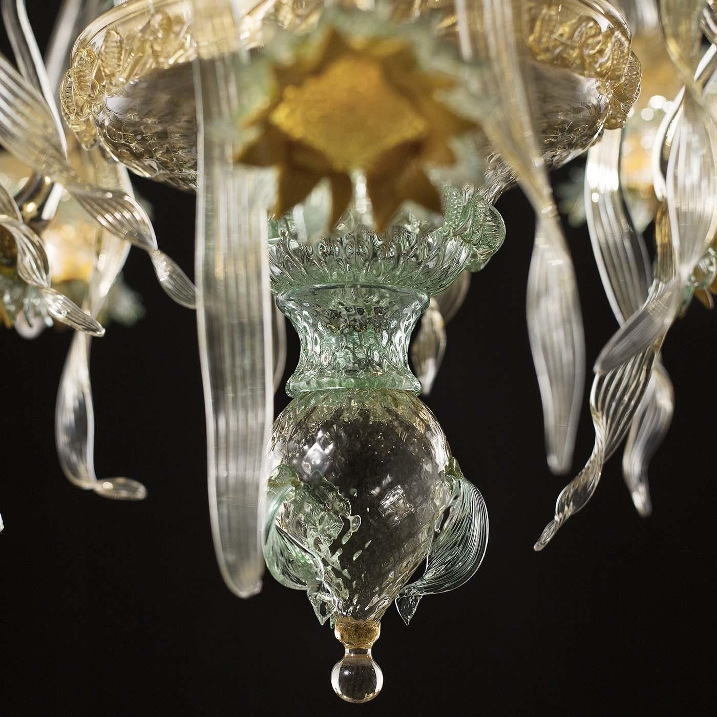 An homage to the famous painting by Van Gogh, this artistic glass chandelier will be the absolute protagonist in any interior, with the summer-inviting composition of flowers with the unmistakable sun-like appearance (girasole is Italian for