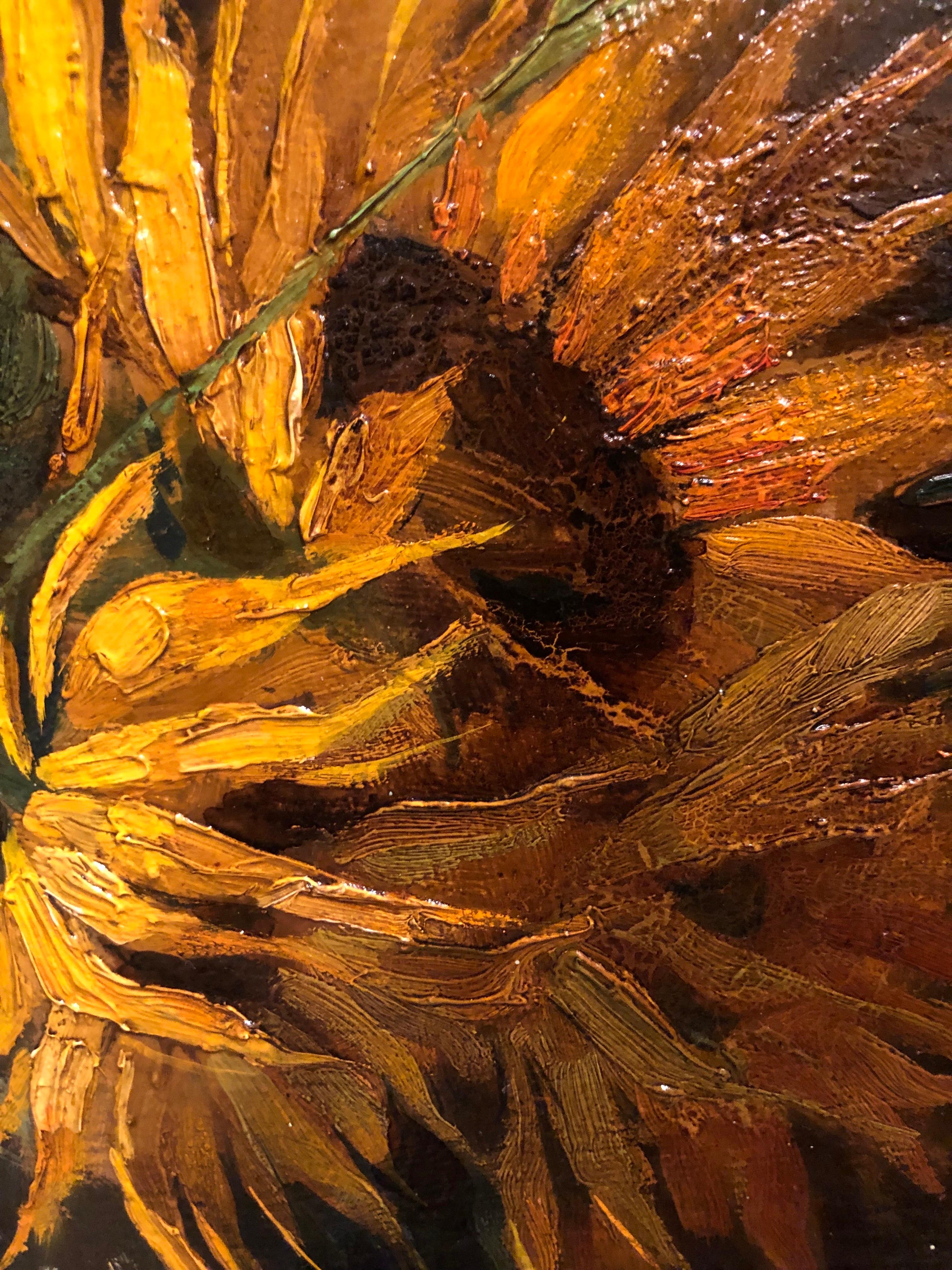 Girasoli e Dalie Natura Morta Di Fiori Italiana Firmata Sorgiani 1930 circa (Geölt) im Angebot