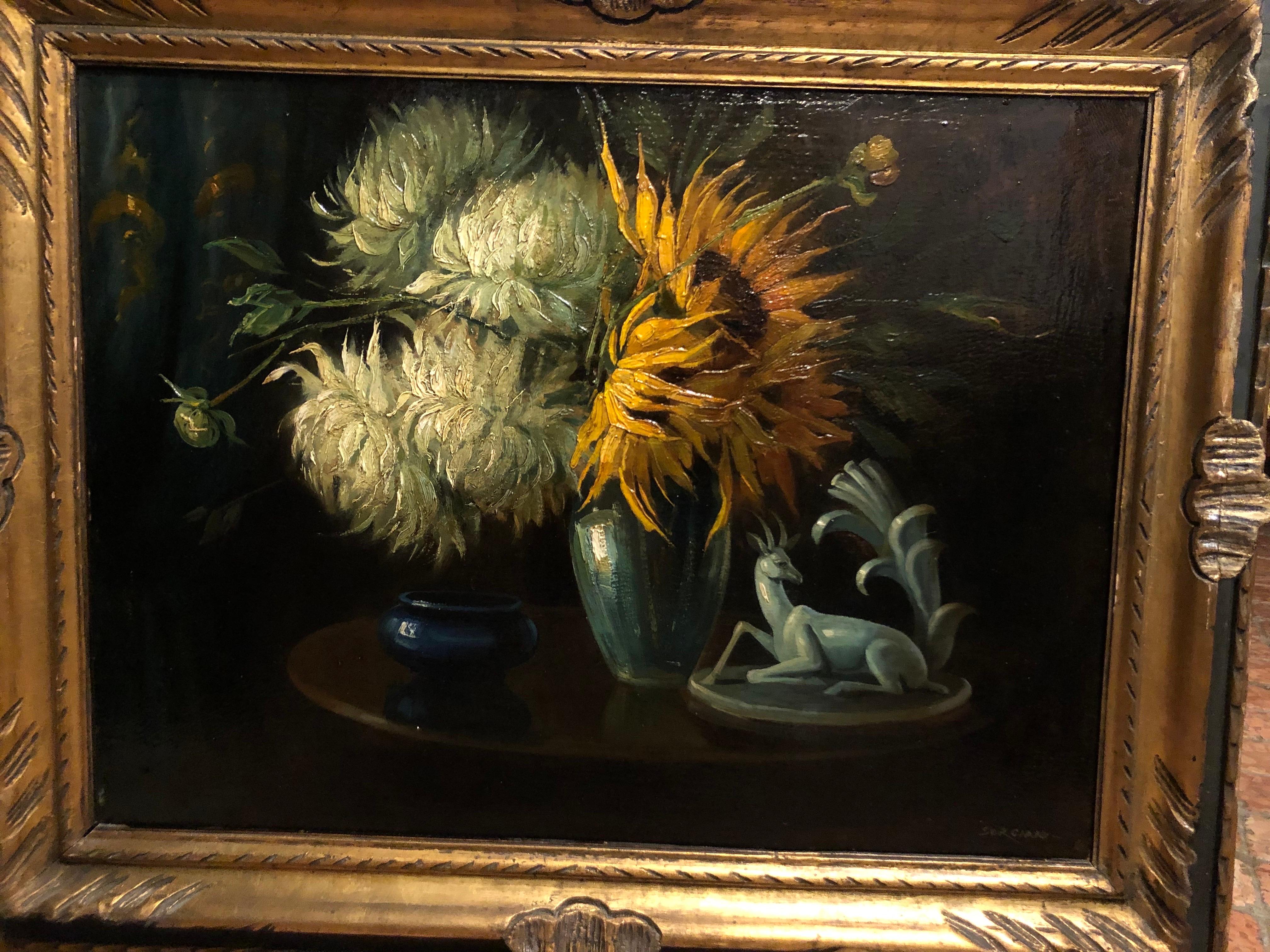 Girasoli e Dalie Natura Morta Di Fiori Italiana Firmata Sorgiani 1930 circa im Zustand „Gut“ im Angebot in Milano, MI