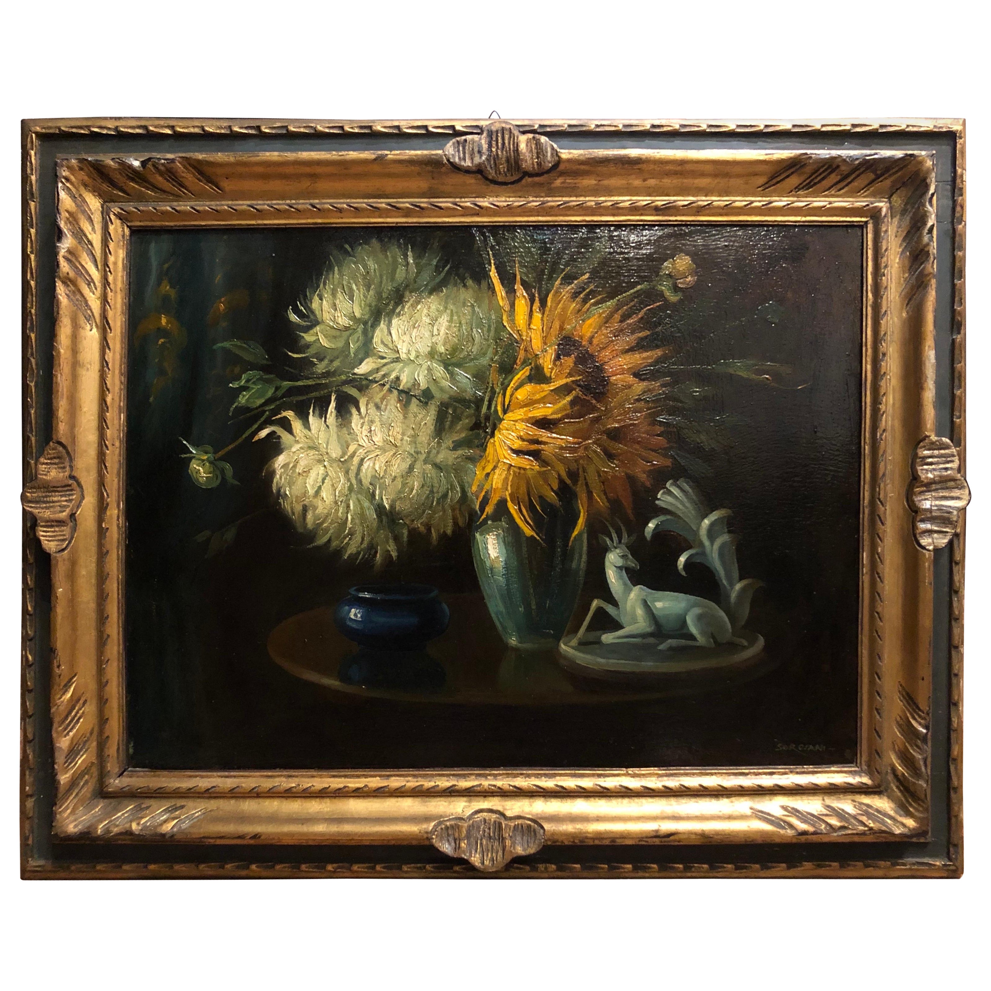 Girasoli e Dalie Natura Morta Di Fiori Italiana Firmata Sorgiani 1930 circa im Angebot