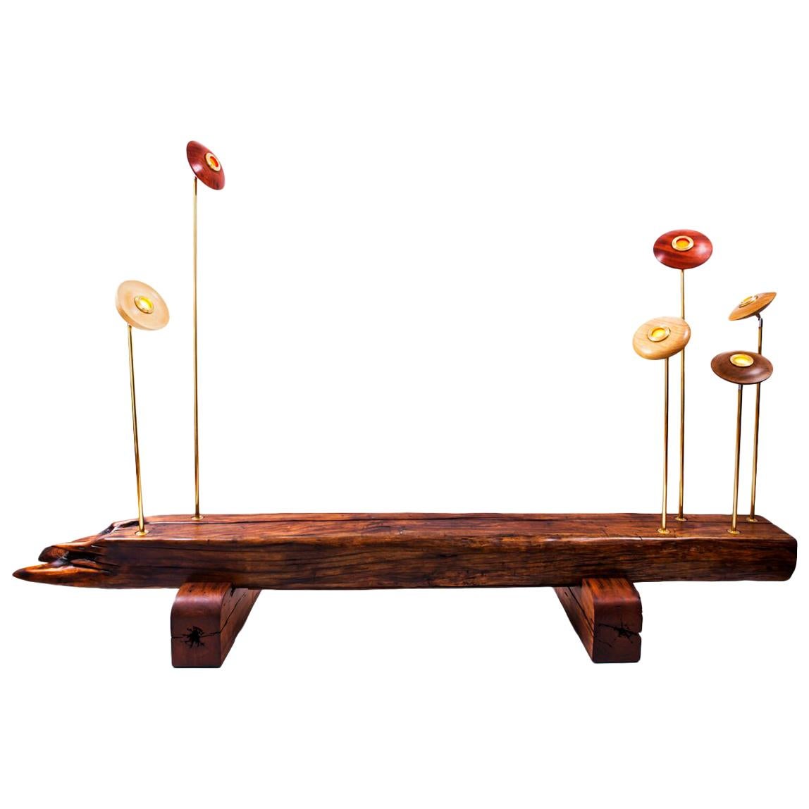 "Girassol" Contemporary Bench with lamps in Canela wood and brass For Sale