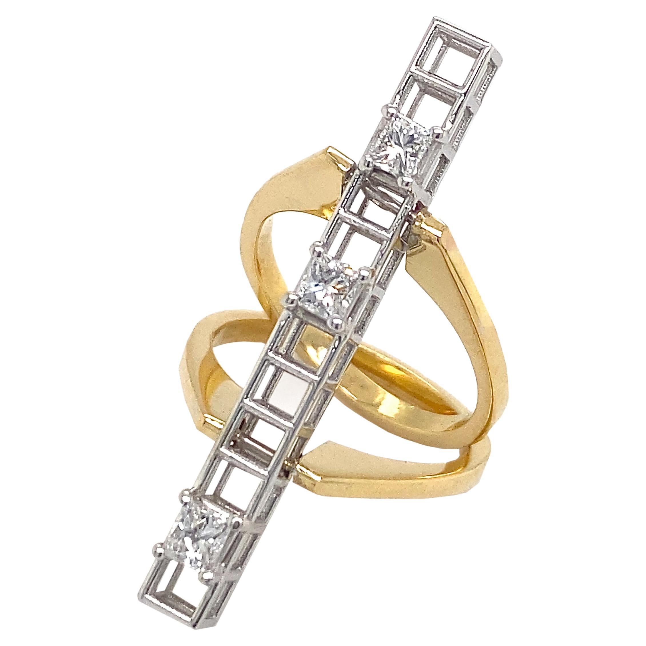 "Girder" Hinged Ring in Yellow & White Gold with 0.33cts Princess Cut Diamonds For Sale