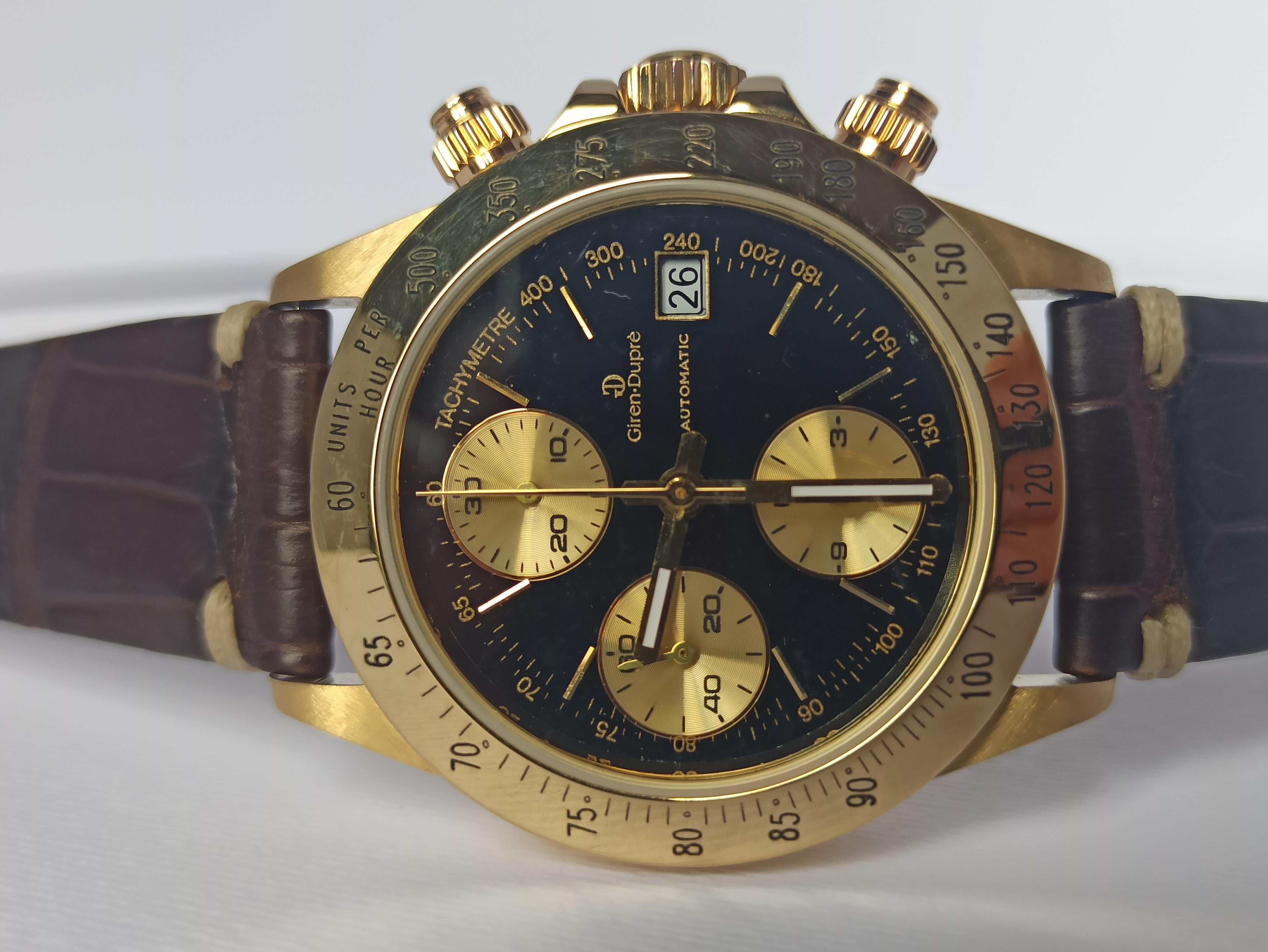 Giren Dupre' 18kt Solid Gold Daytona Style Chronograph, Leather Strap, Automatic For Sale 2