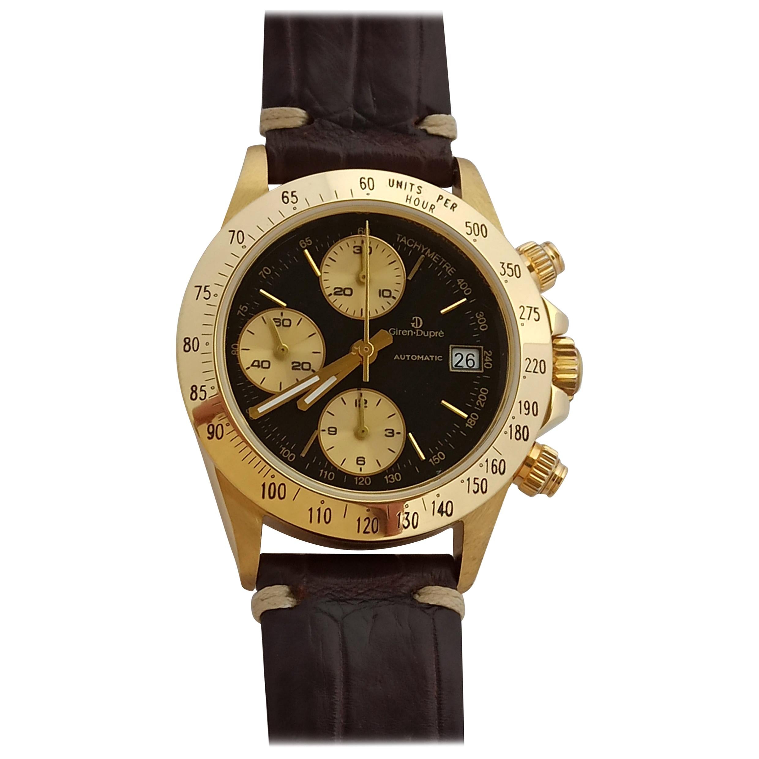 Giren Dupre' 18kt Solid Gold Daytona Style Chronograph, Leather Strap, Automatic For Sale