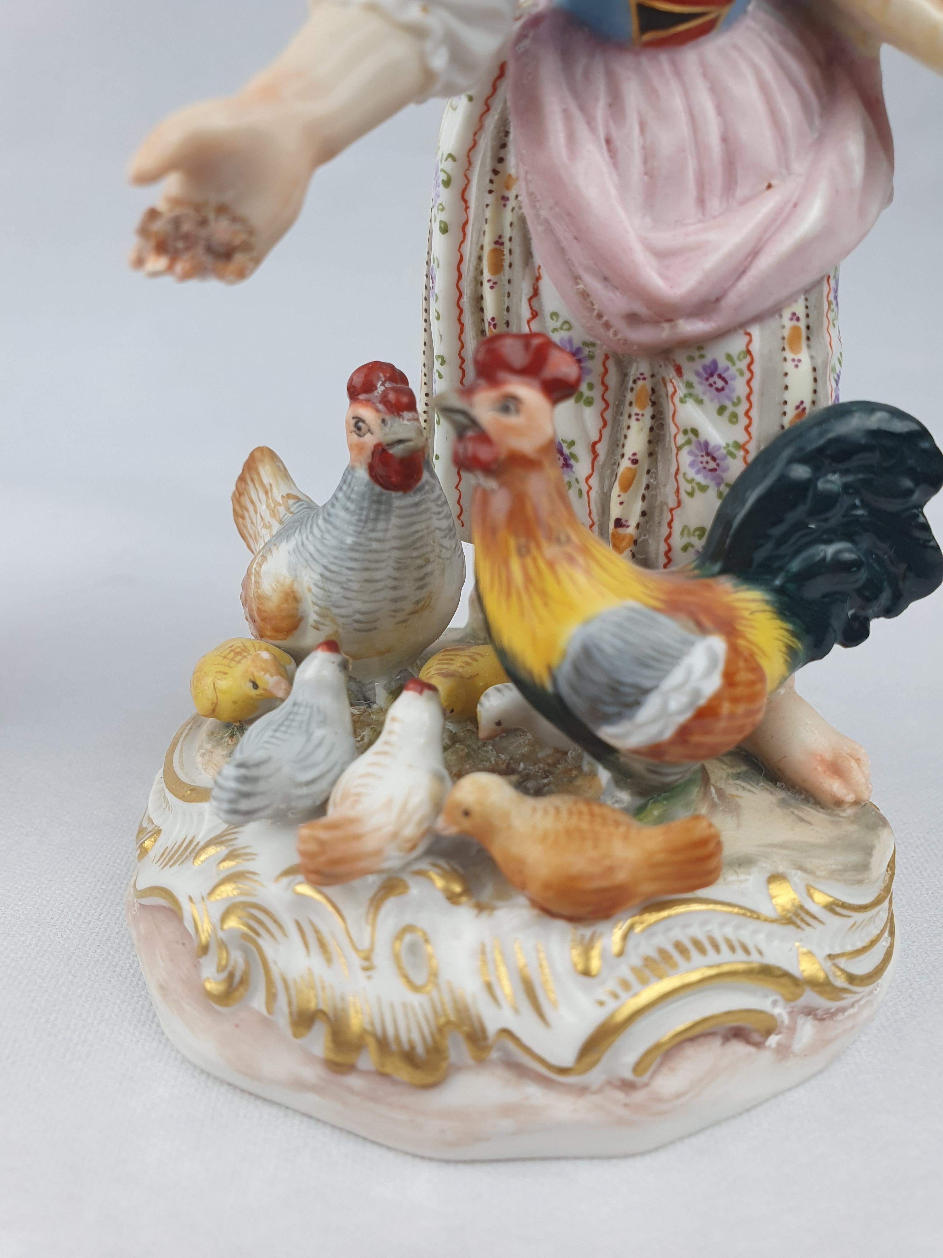 Meissen Girl and Boy Feeding Chickens and Geese Pink and Blue For Sale 1