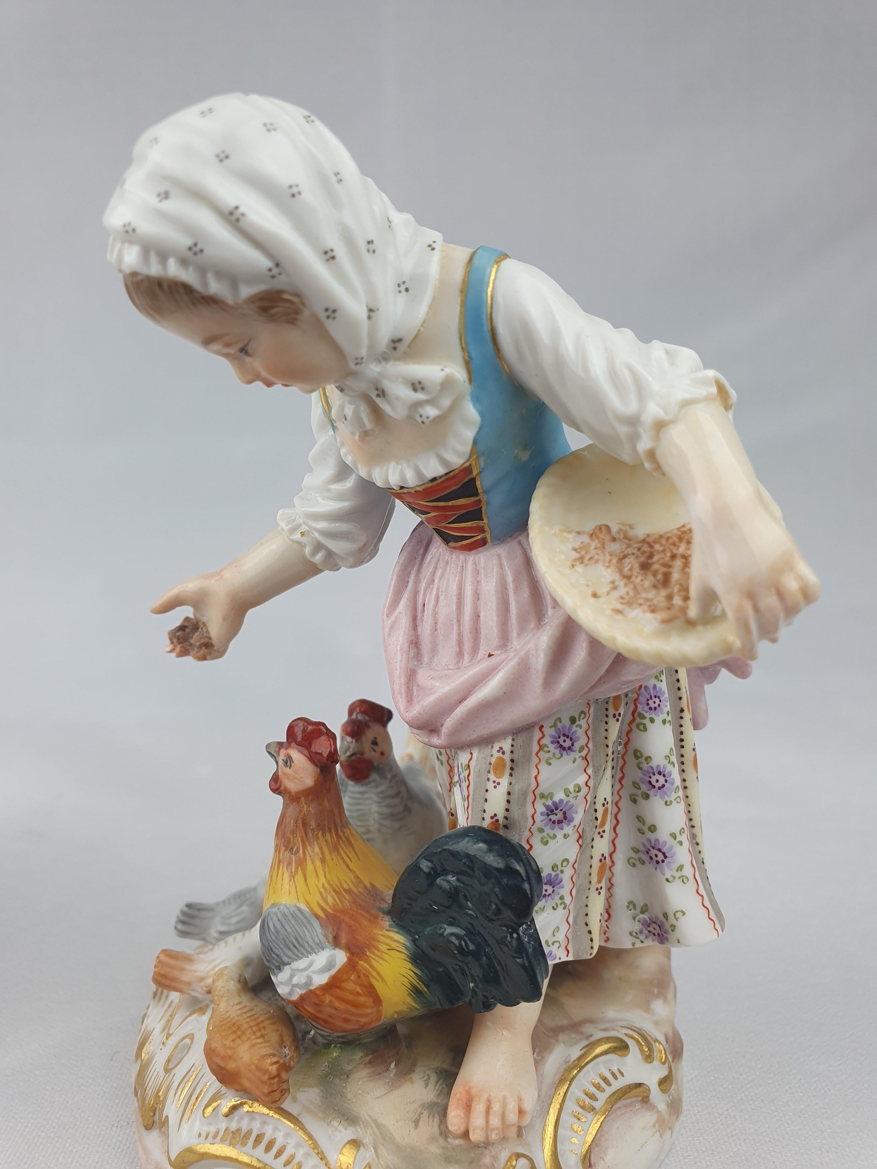 Meissen Girl and Boy Feeding Chickens and Geese Pink and Blue For Sale 3