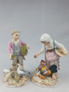 Meissen Girl and Boy Feeding Chickens and Geese Pink and Blue