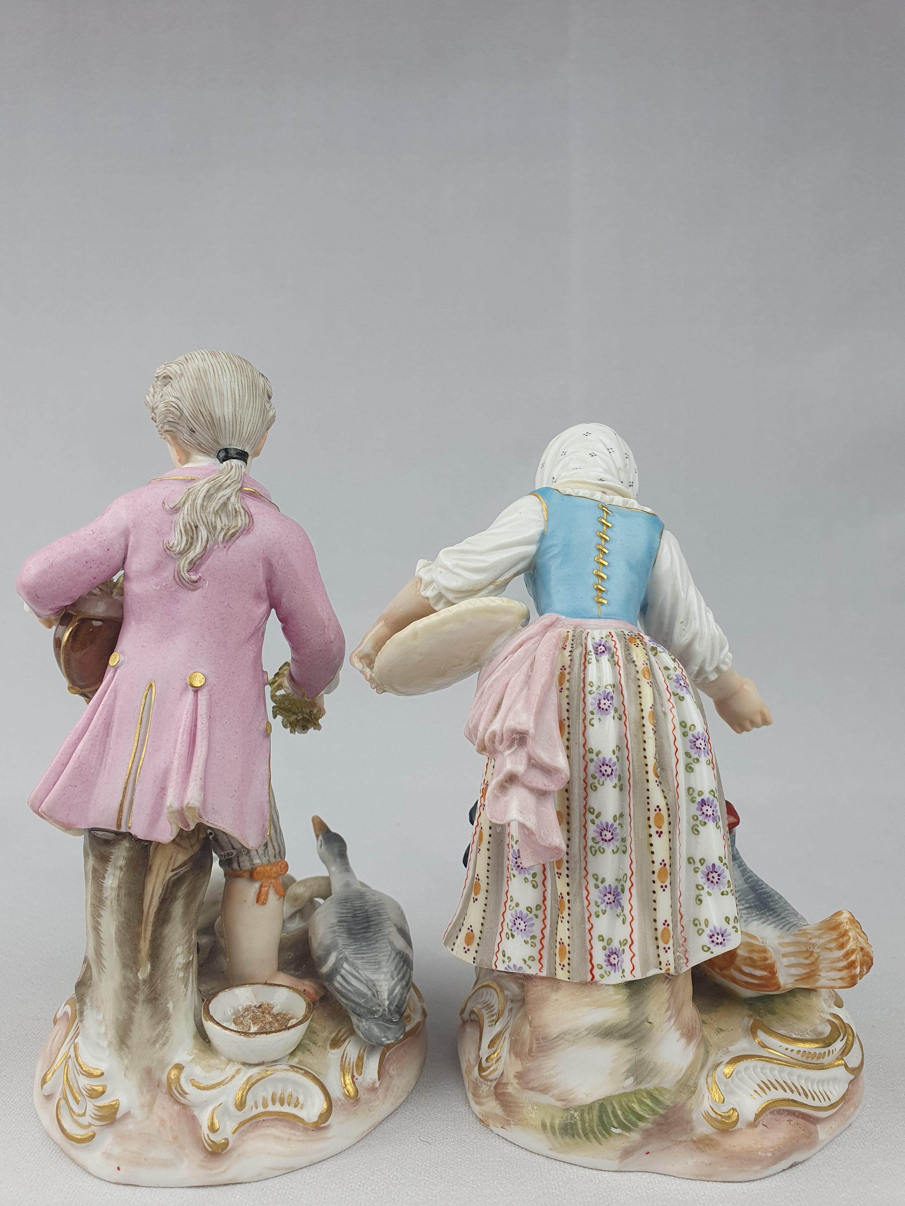 German Meissen Girl and Boy Feeding Chickens and Geese Pink and Blue For Sale